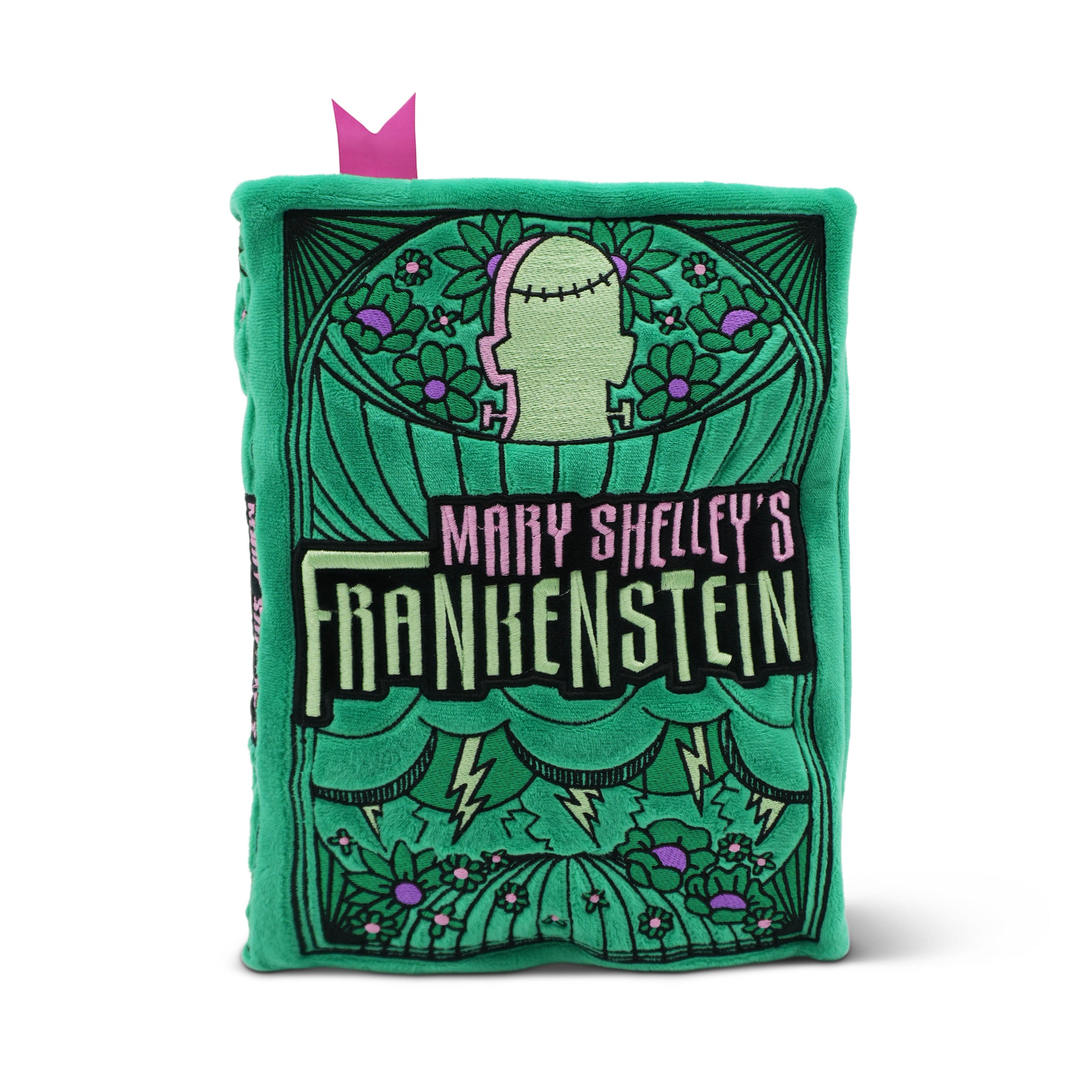 Decorative plush of Mary Shelley's "Frankenstein" on a white background.