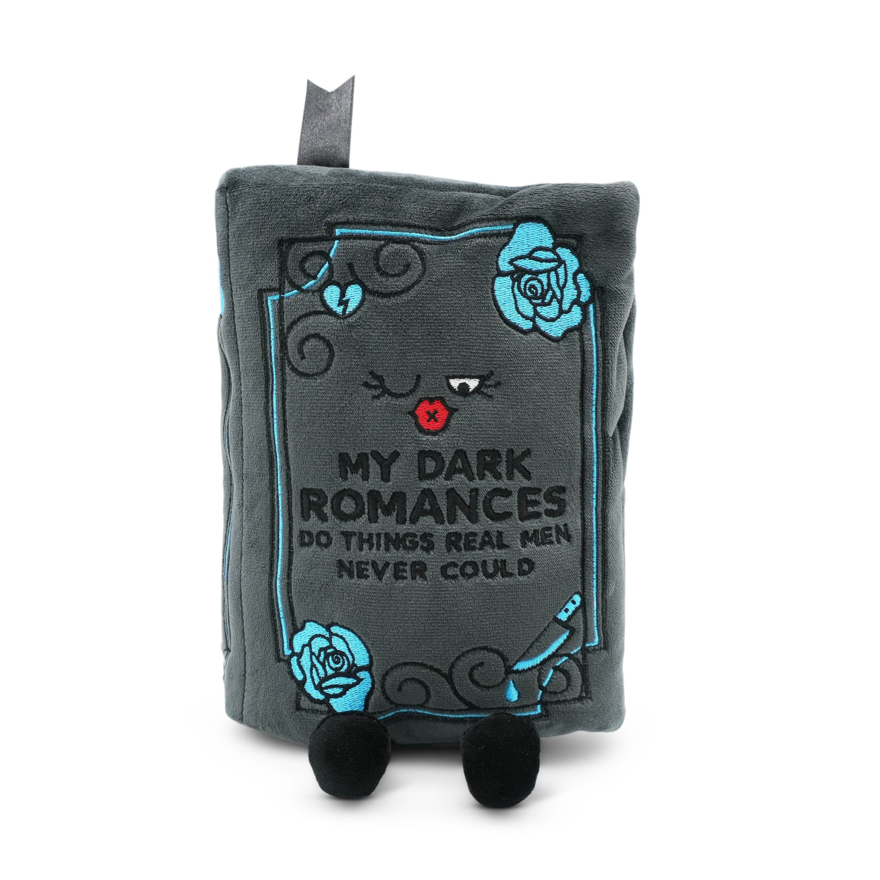 Dark romance plush shaped like a book with text and decorative elements on a white background