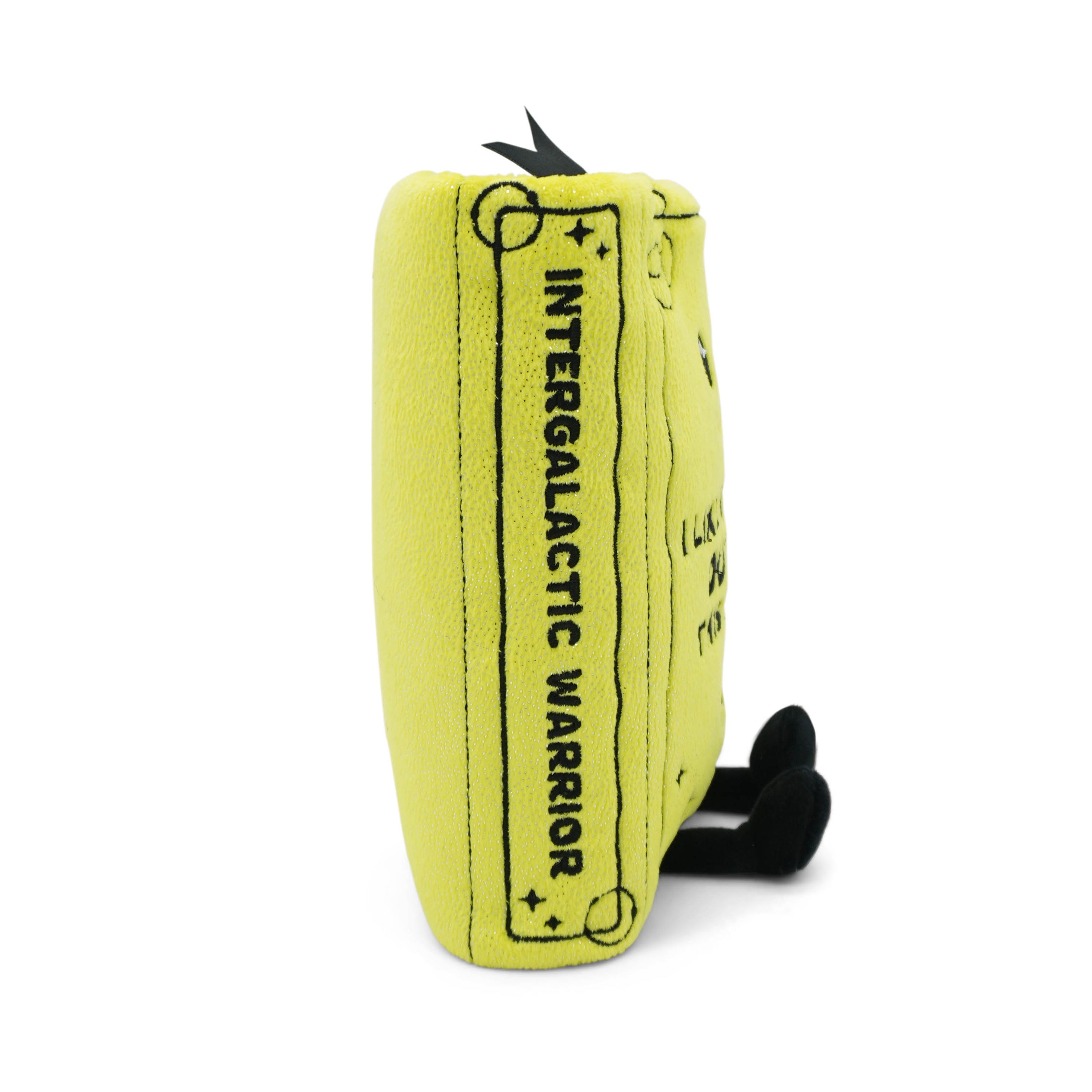 Plush sci-fi book with 'Intergalactic Warrior' text on the spine a white background.