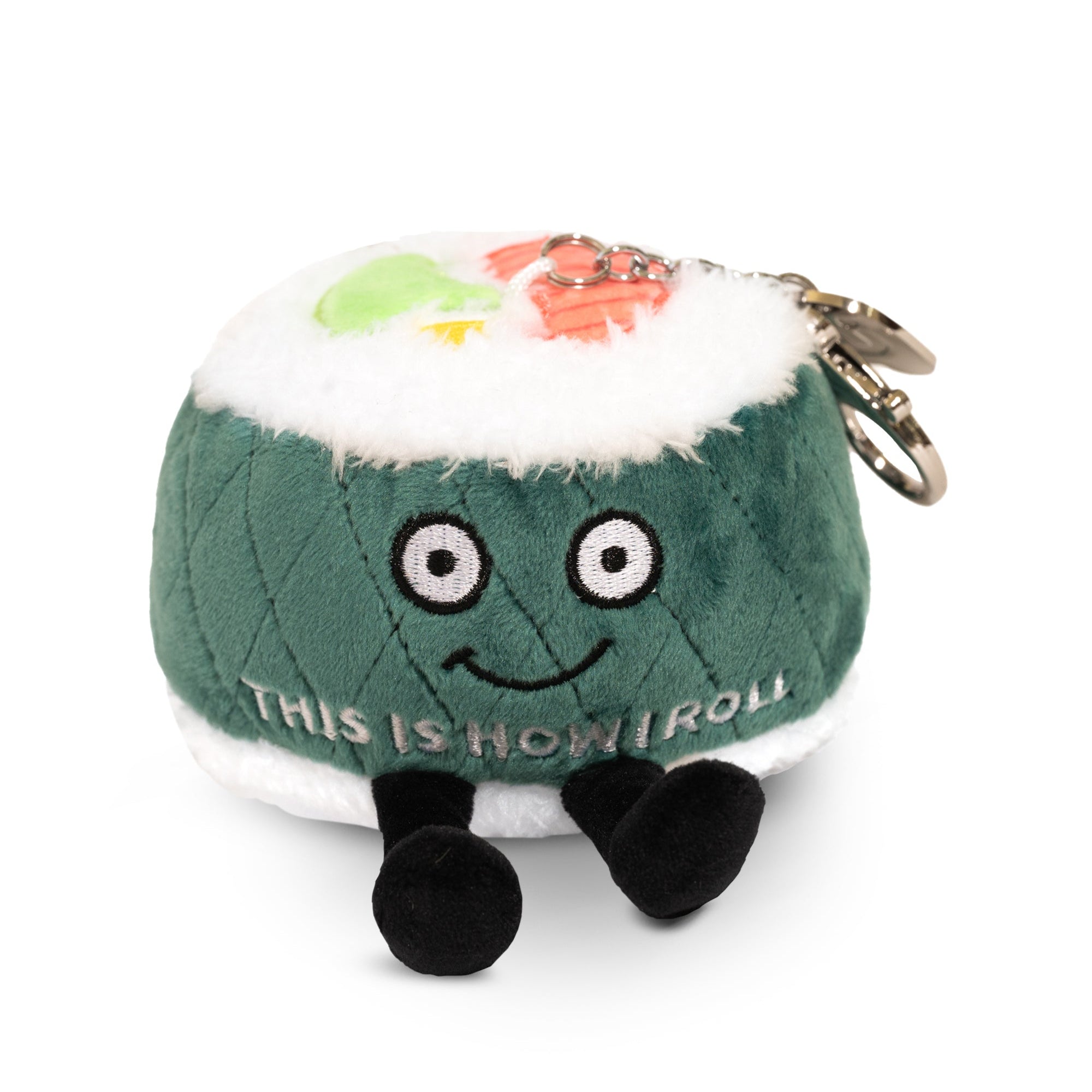 A plush charm designed to look like a piece of sushi with a smiling face, eyes, and dangly legs. The charm has the text 'THIS IS HOW I ROLL' written on it