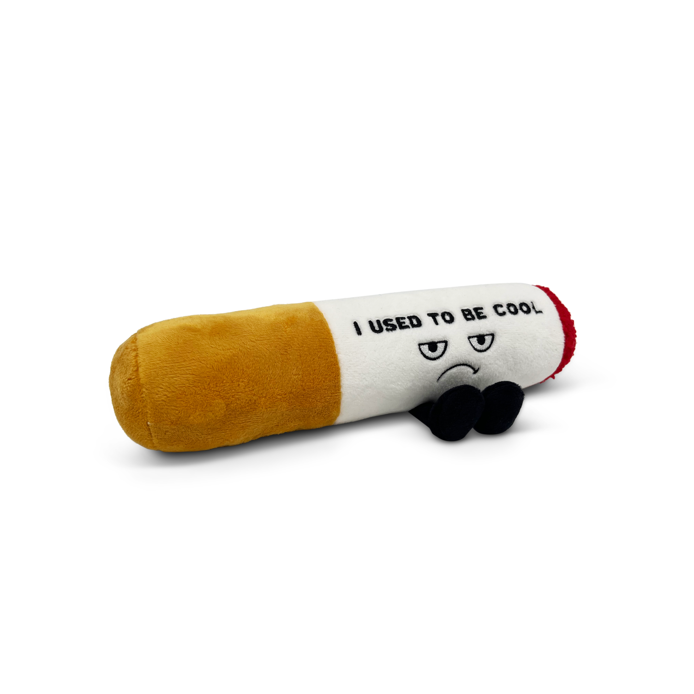 A plush cigarette with an upset face expression and the text 'I USED TO BE COOL' on it.