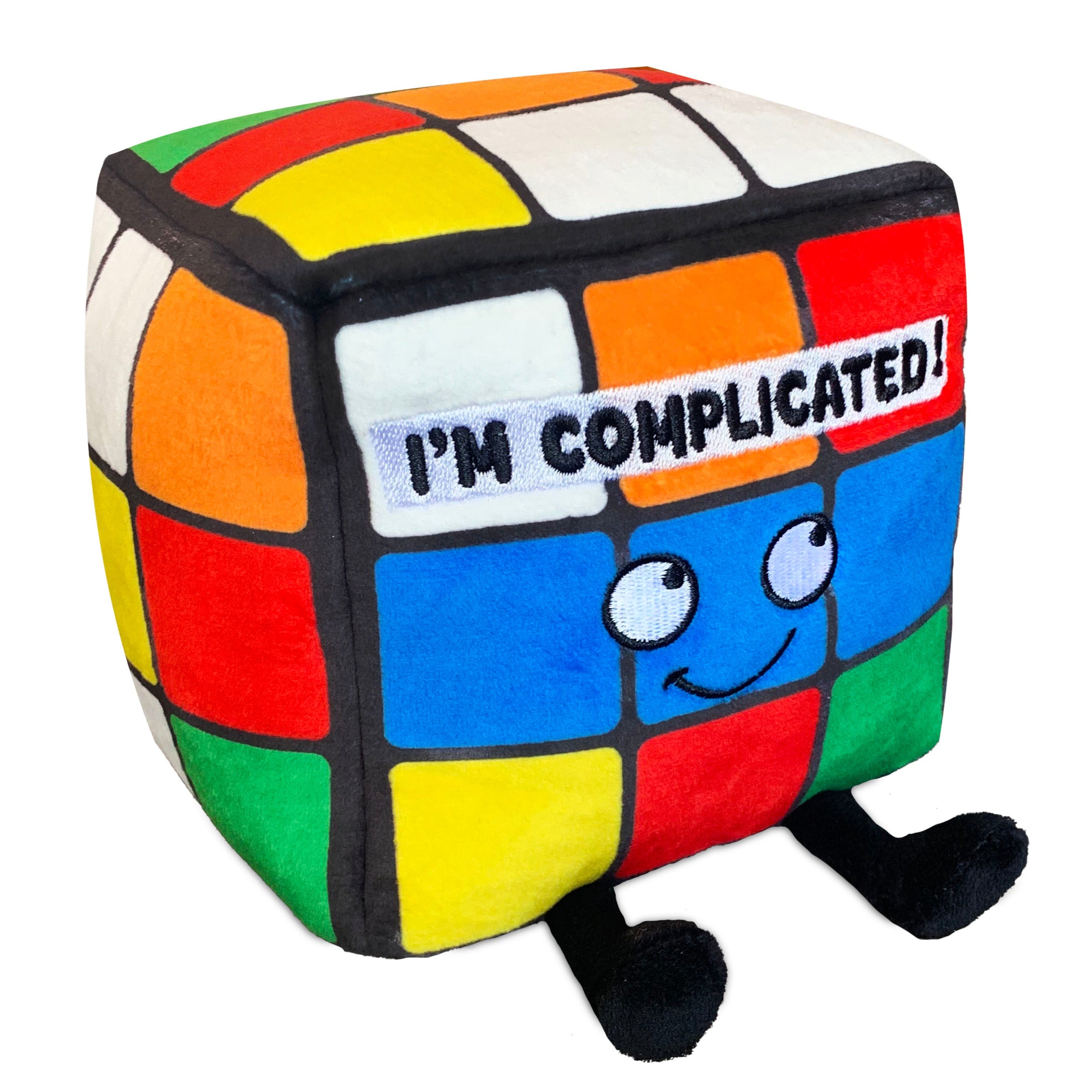 A plush designed like a colorful puzzle cube with a smiling face and the text 'I'M COMPLICATED!' written on it.