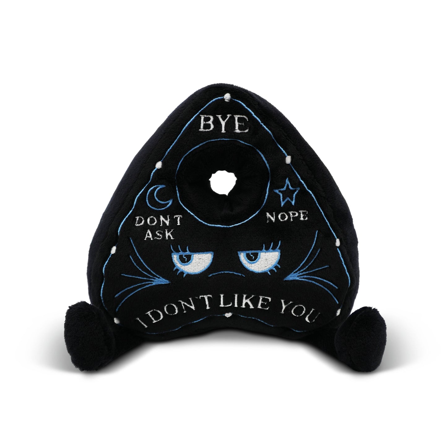 Black planchette plush toy with blue text and eyes on a white background