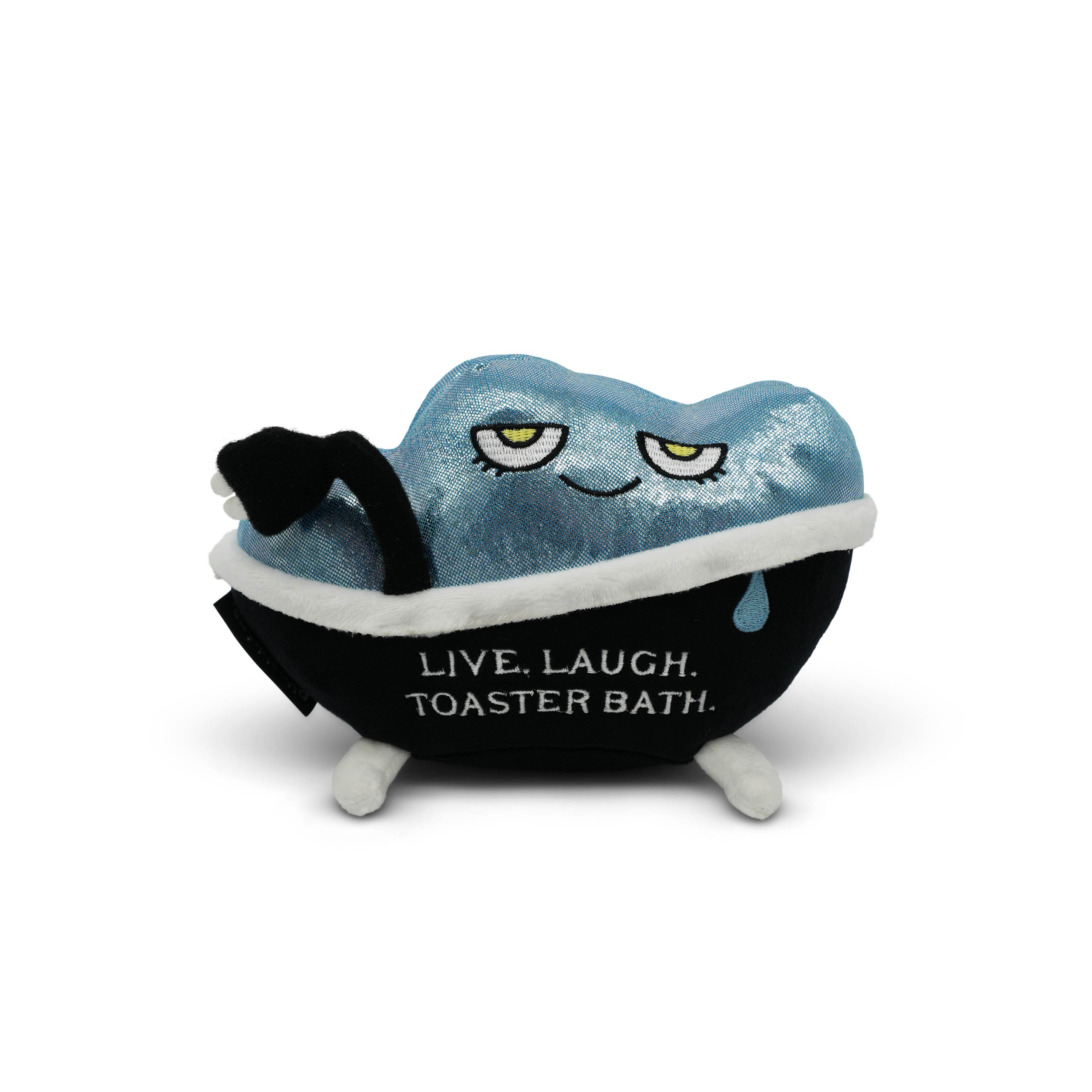 Plush toy resembling a toaster in a bath on a white background.
