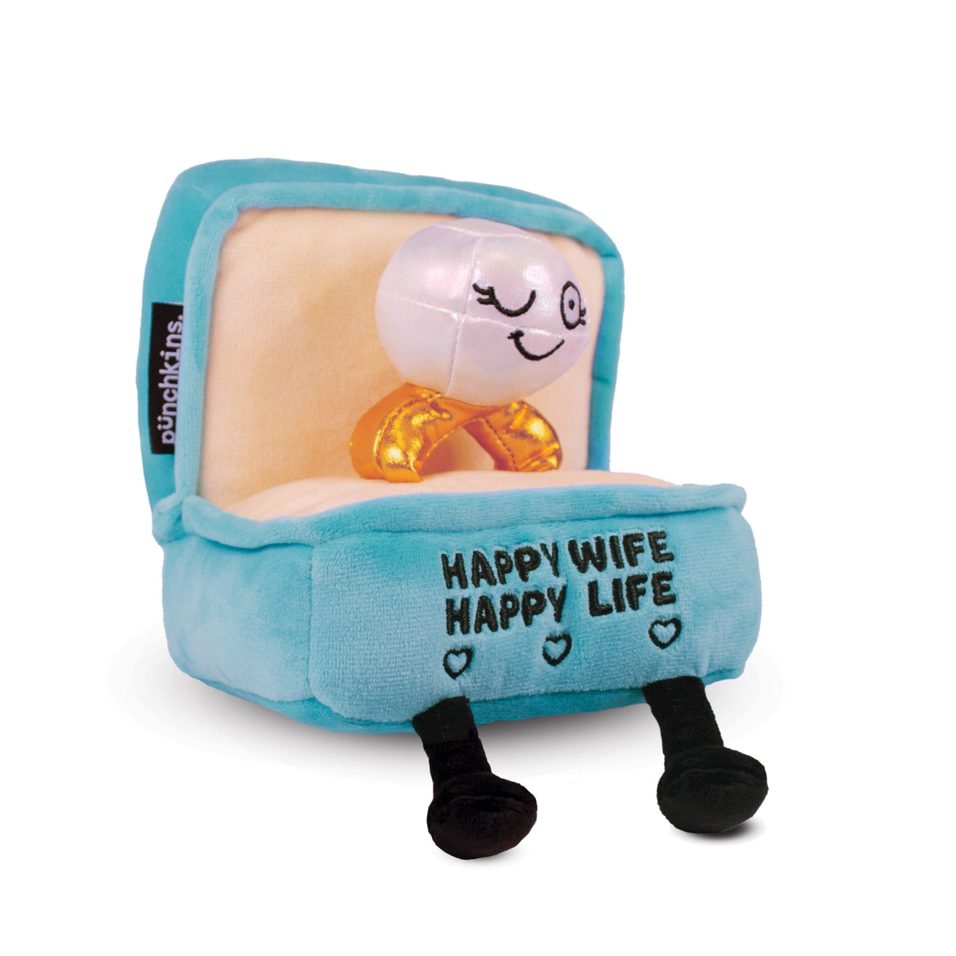 A plush designed to resemble a ring box with the text 'Happy Wife Happy Life' on it, predominantly blue in color.