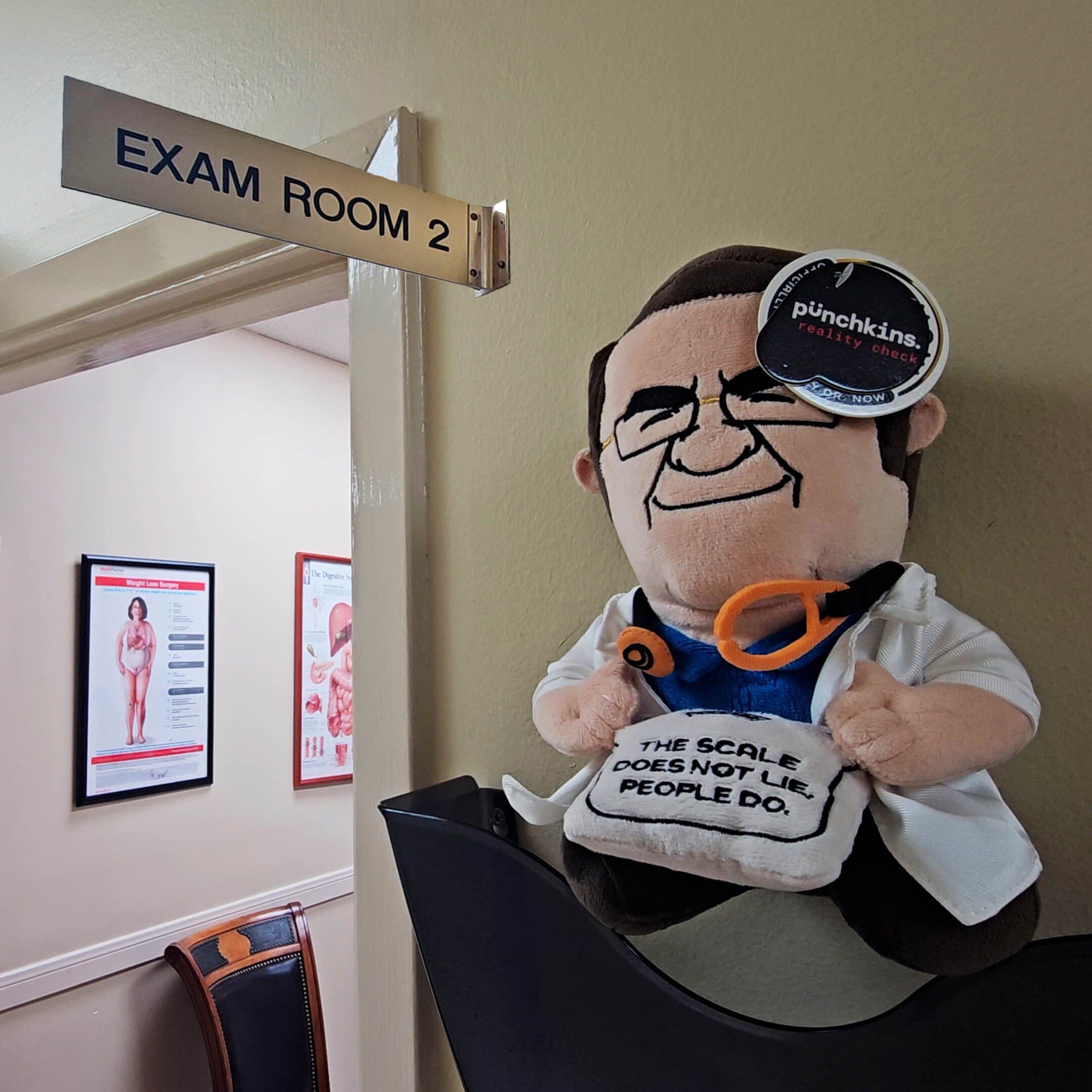 A plush toy resembling Dr. Now, who is wearing glasses and a stethoscope and is holding a scale that reads, "The scale does not lie, people do." The plush is placed outside of an exam room.