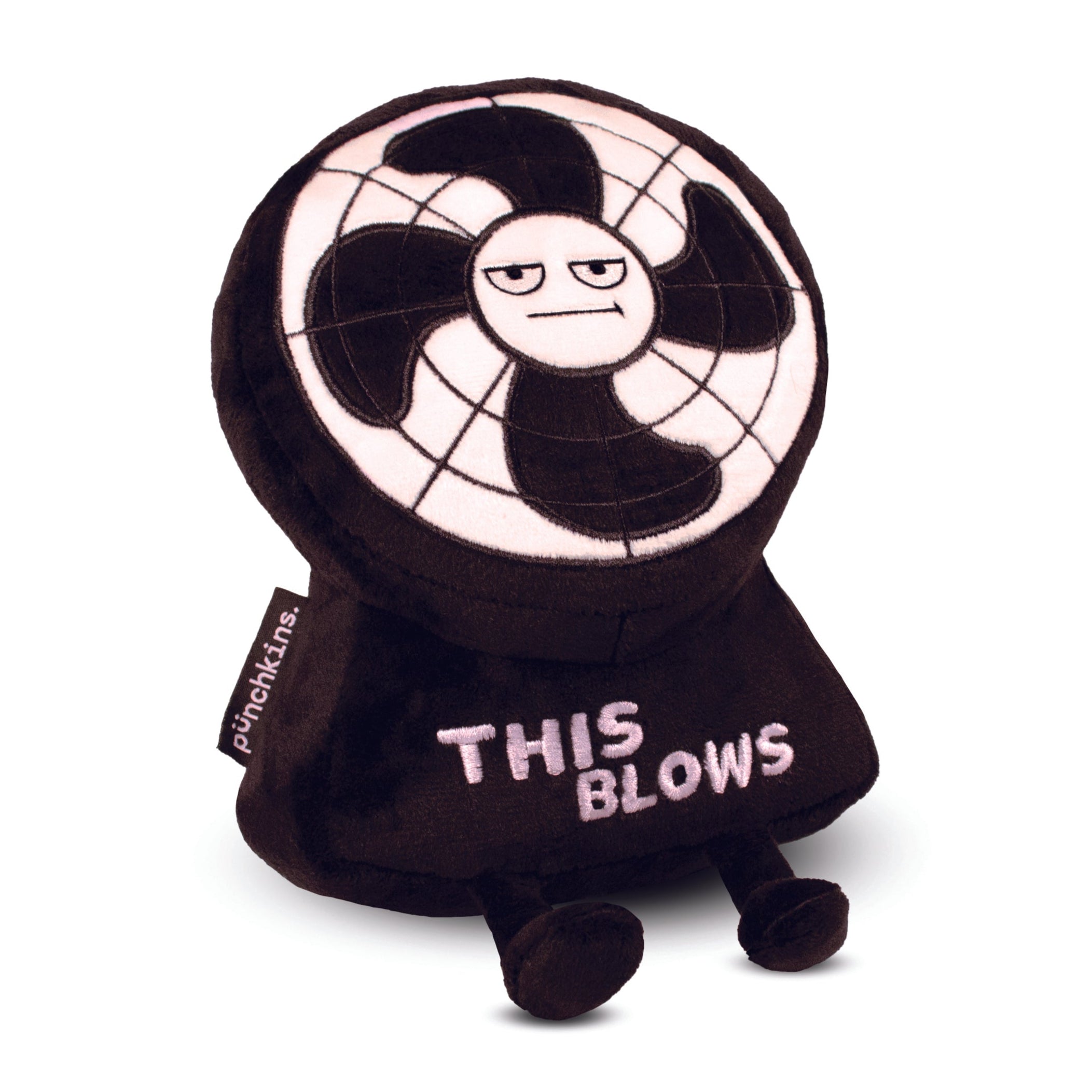 A plush in the shape of a fan with a grumpy expression and the text 'This Blows' on its base.