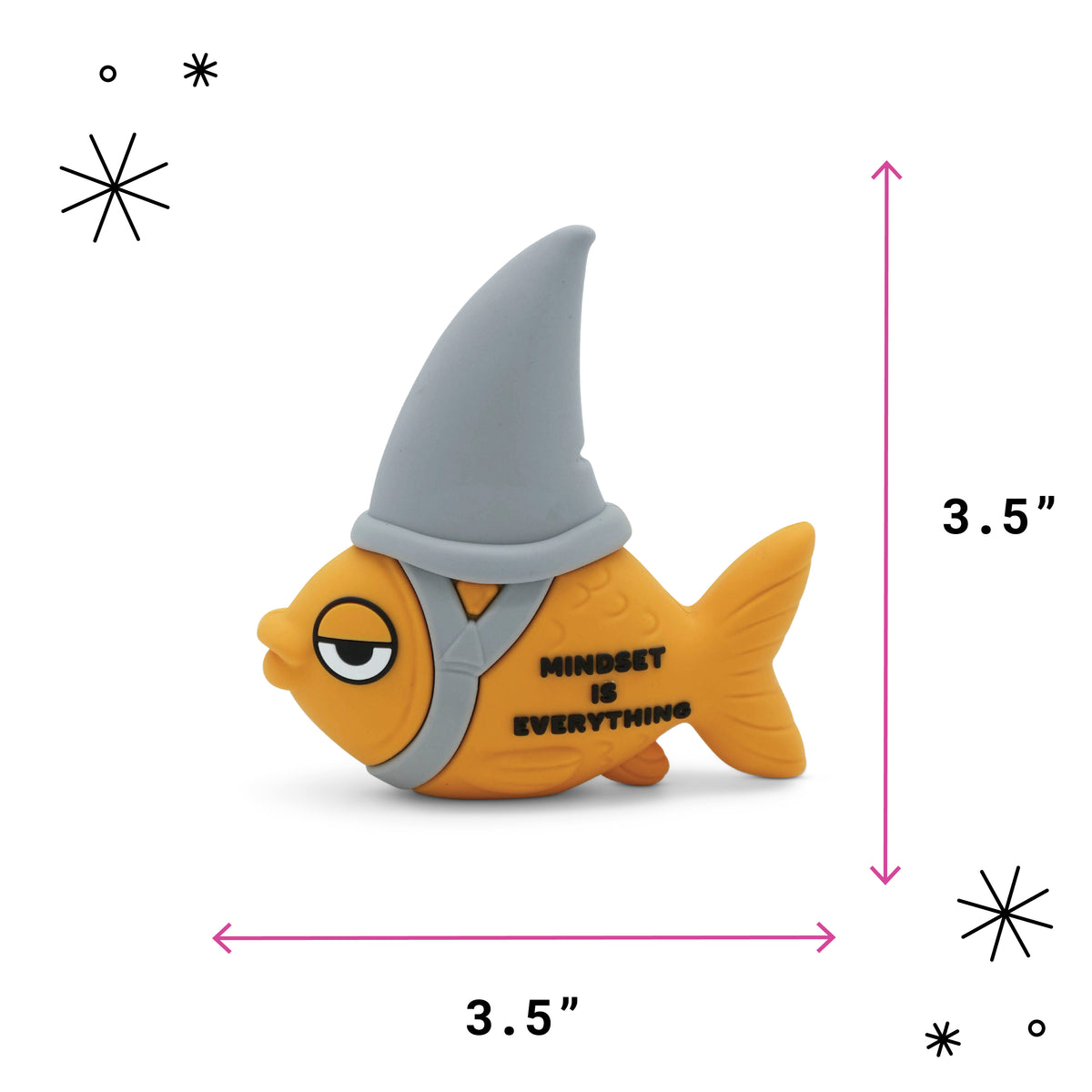 An orange fish-shaped product with a gray shark hat, shown with pink dimension arrows and labels indicating 3.5 inches in height and width on a white background.