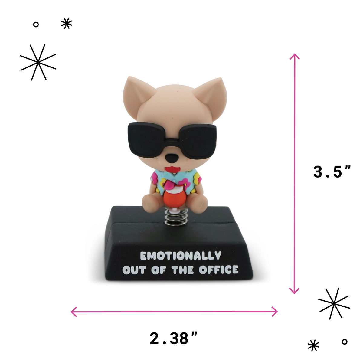 A small figurine of a dog wearing black sunglasses and a colorful shirt sitting on a black base labeled 'EMOTIONALLY OUT OF THE OFFICE,' with pink dimension arrows showing 3.5 inches tall and 2.38 inches wide.