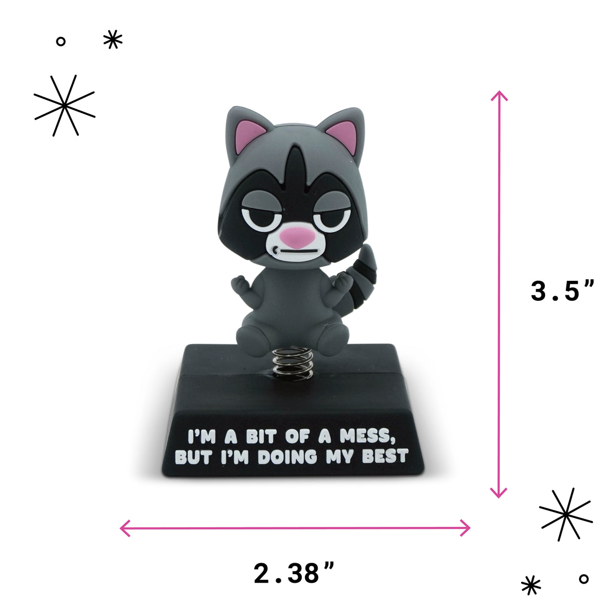 A cartoon raccoon figurine on a black base with text reading 'I'M A BIT OF A MESS, BUT I'M DOING MY BEST,' shown with pink dimension arrows and labels indicating 3.5 inches tall and 2.38 wide.