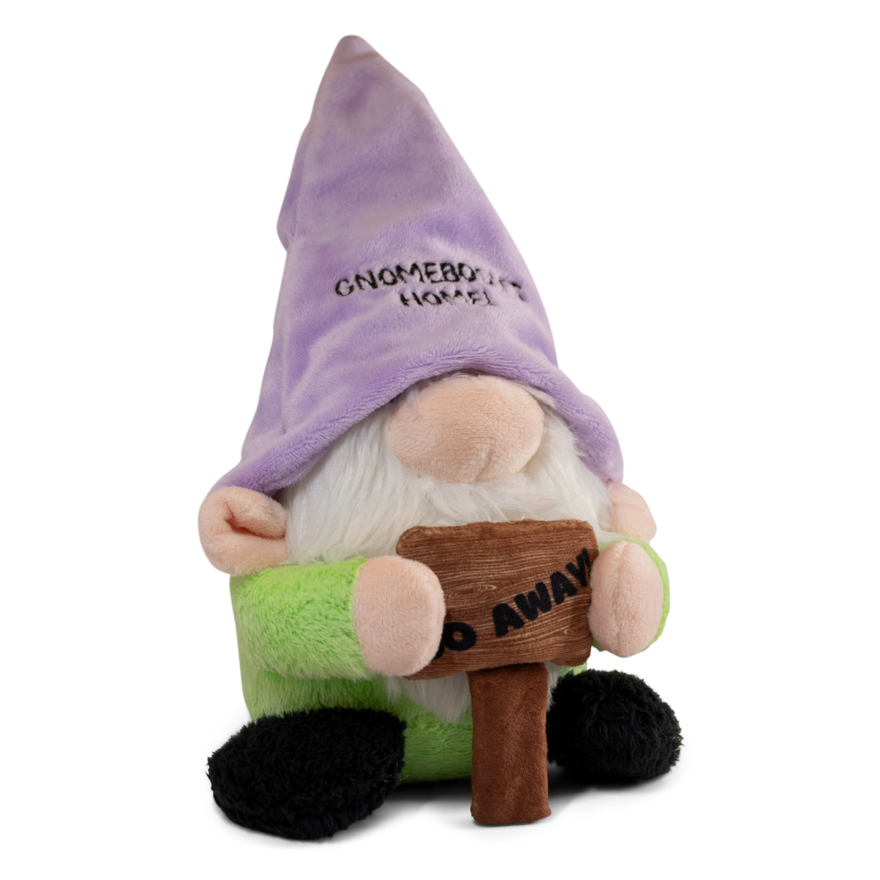A plush gnome with a purple hat that says 'Gnomebody's Home' on it on a white background.