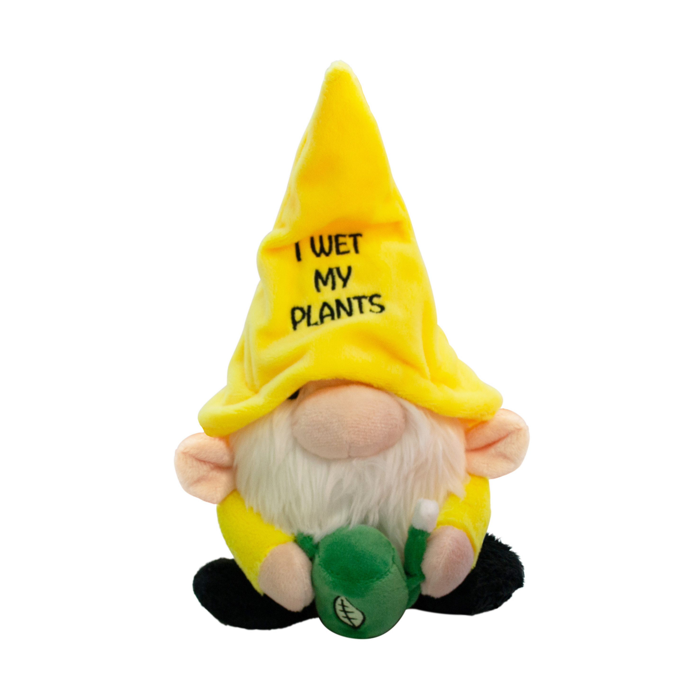 A plush gnome with a yellow hat and green watering can, with the phrase 'I wet my plants' written on the hat.