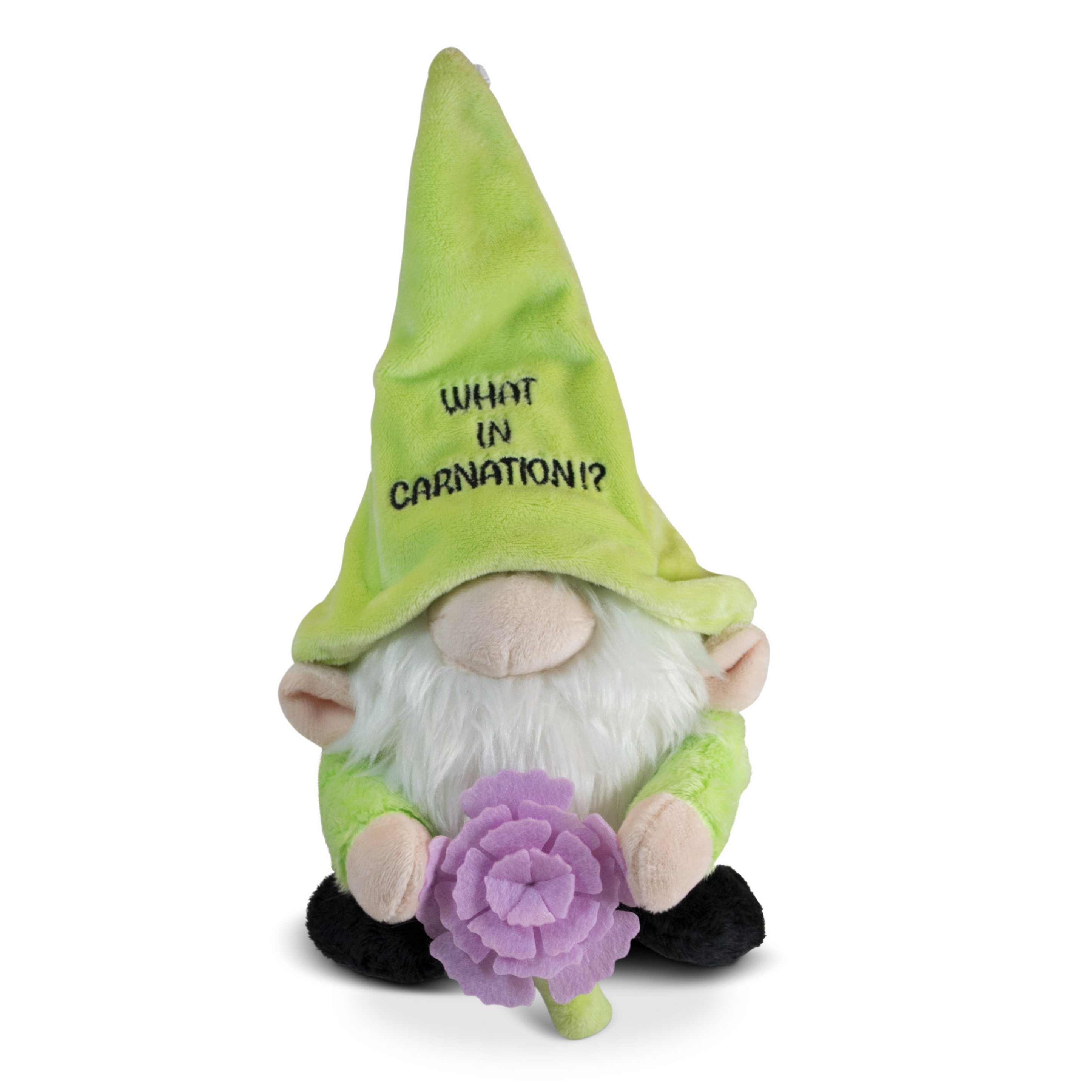 A plush gnome with a green hat with the text 'WHAT IN CARNATION' written on it, holding a purple flower.