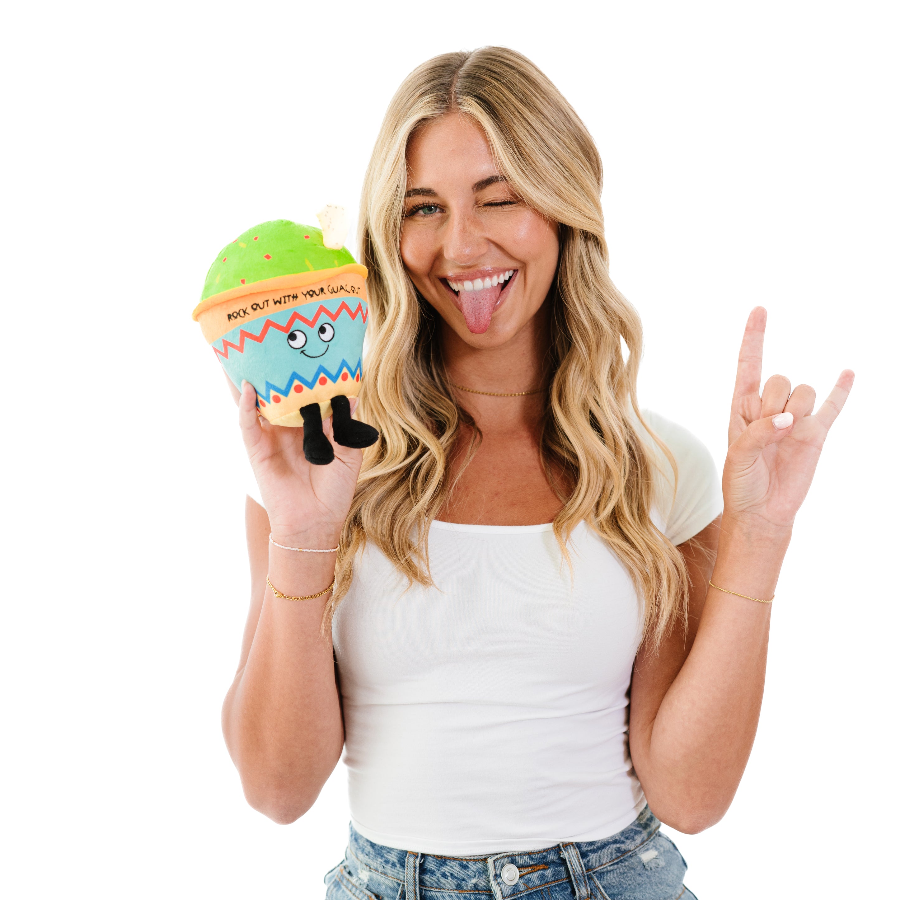 A blonde holding a guacamole bowl plush with the text 'ROCK OUT WITH YOUR GUAC OUT'.