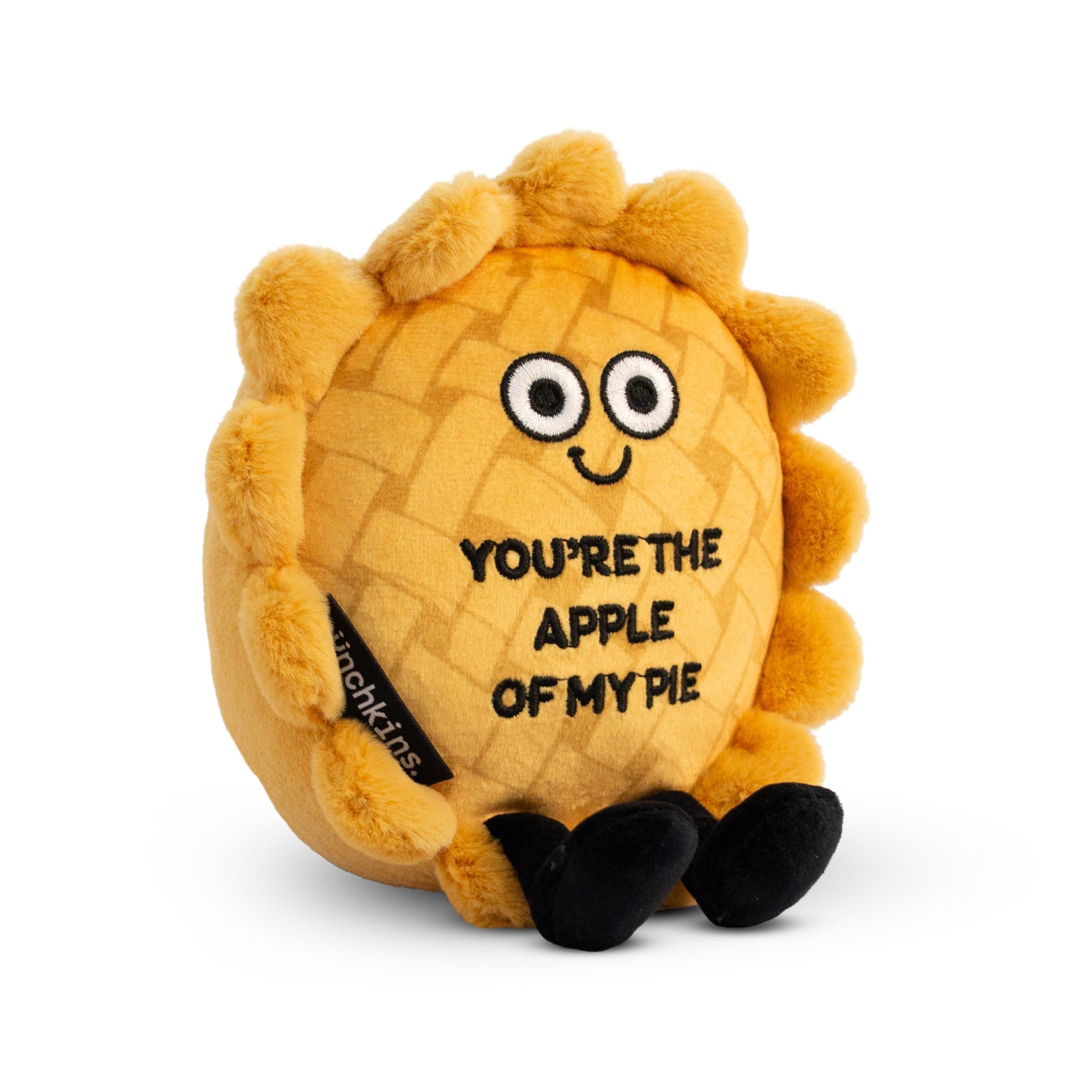 A plush designed to look like an apple pie with the phrase 'YOU'RE THE APPLE OF MY PIE' written on it.