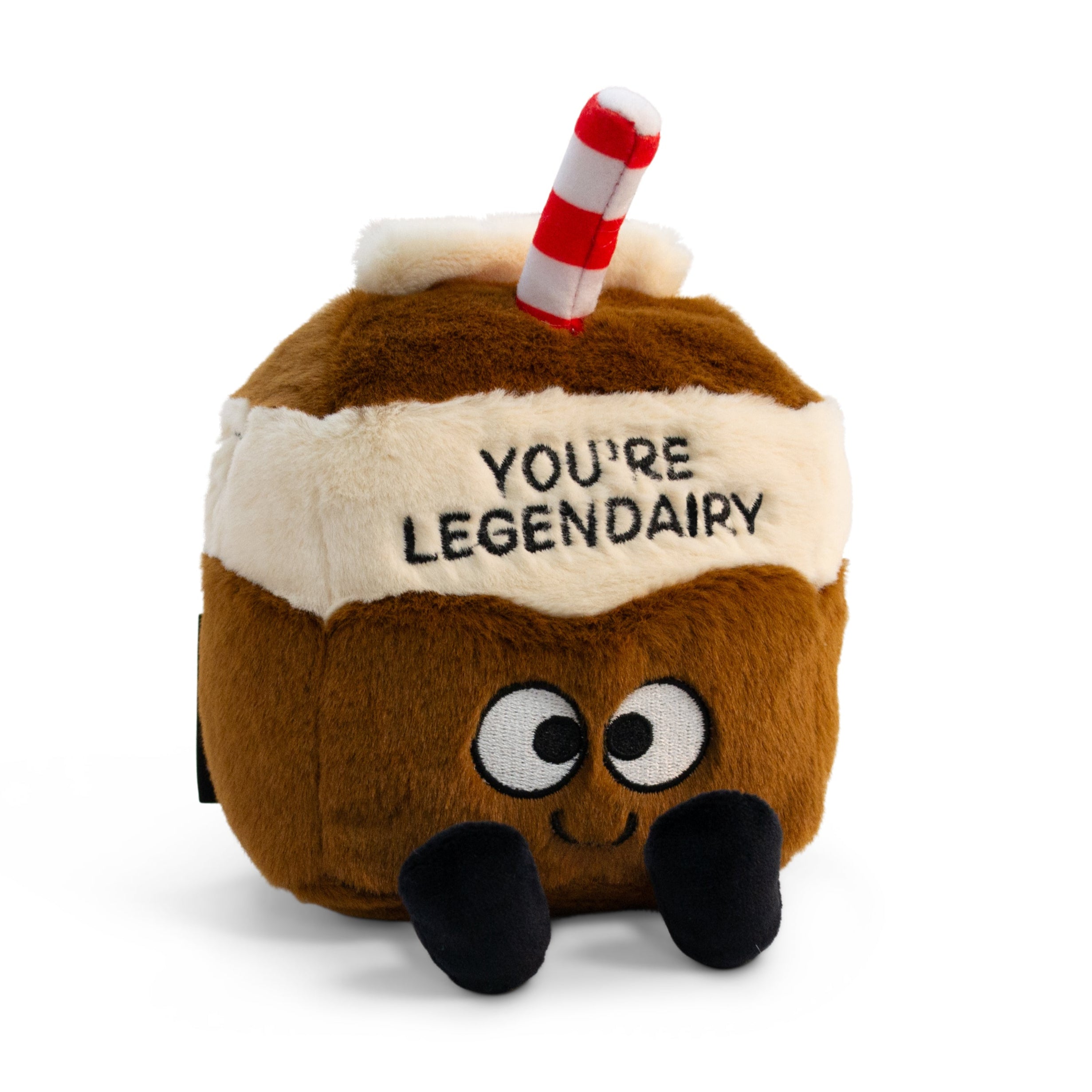 A plushie designed to look like a milk carton with brown and white colors, featuring eyes and a smile, with the text 'YOU'RE LEGENDARY' on the carton.