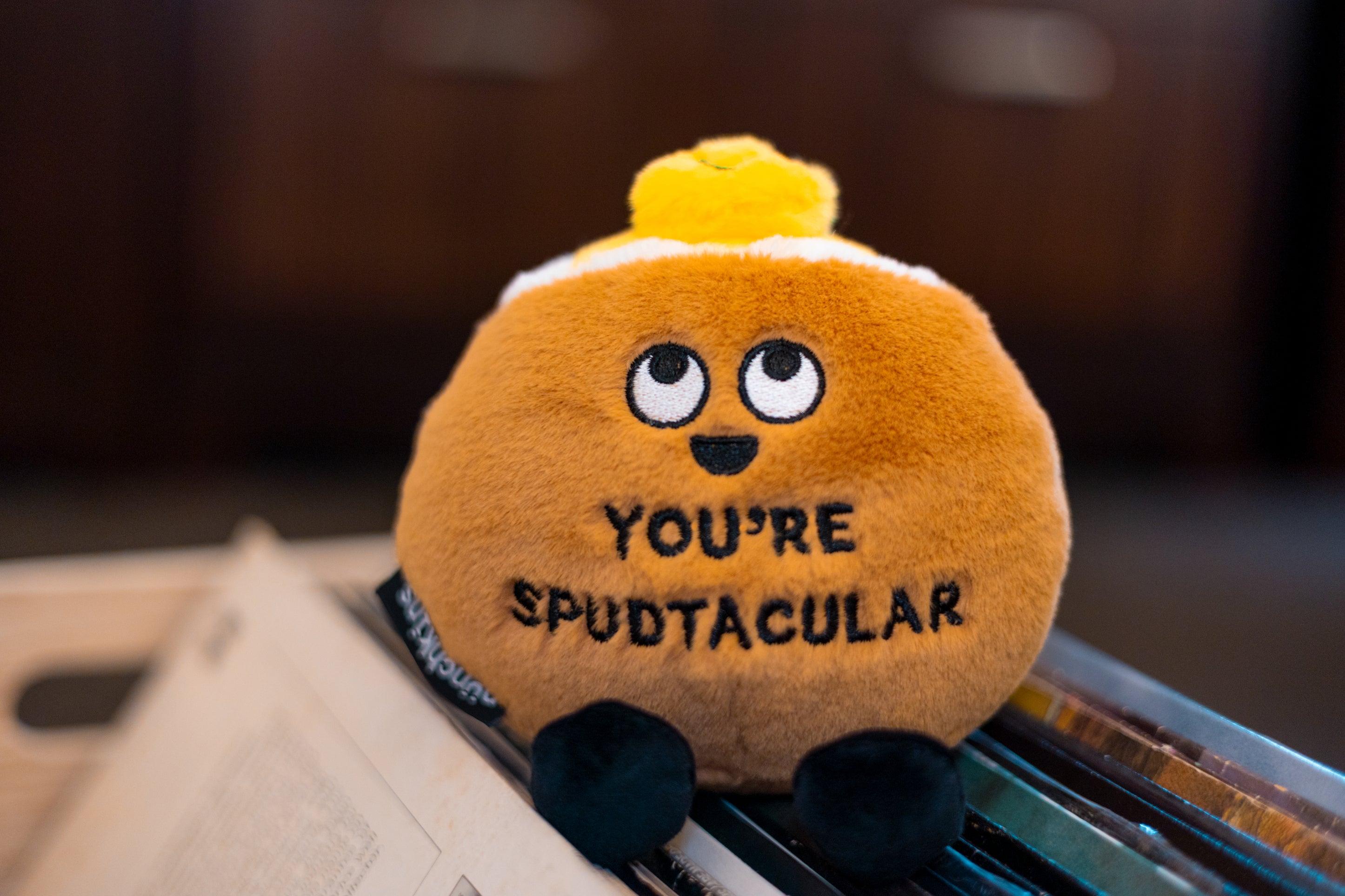A plush designed to look like a potato with a smiling face, dangly legs, and a piece of butter on top. It has the text 'YOU'RE SPUDTACULAR' printed on its body. It's placed on a set of records.
