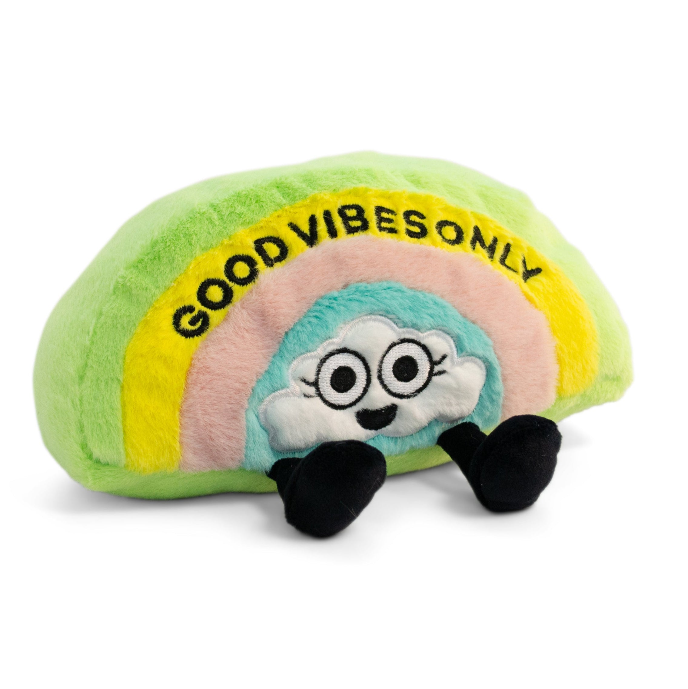 A plush with a rainbow design and the text 'GOOD VIBES ONLY' on it, featuring expressive eyes and dangly legs.
