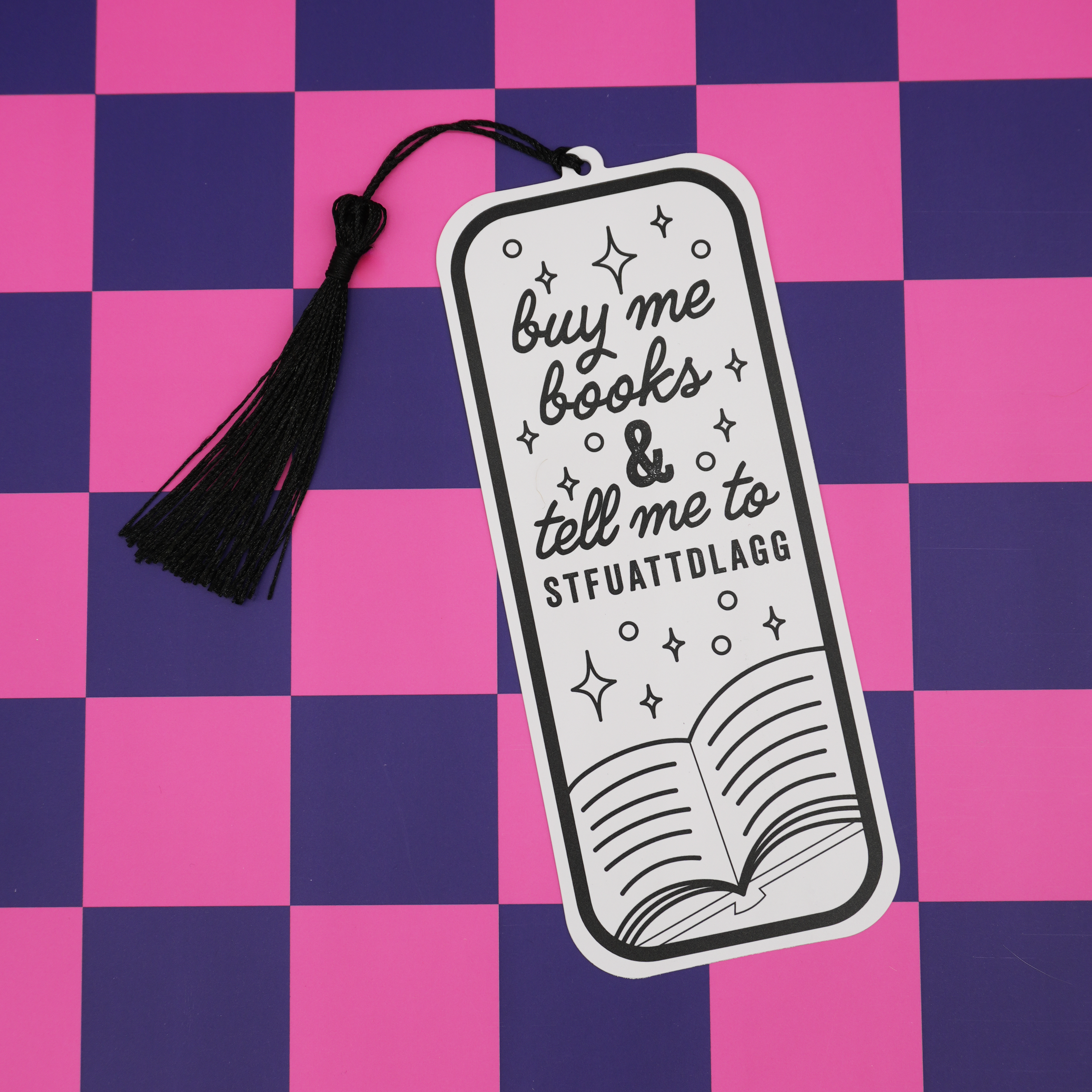 Bookmark with funny text on a pink and purple checkered background