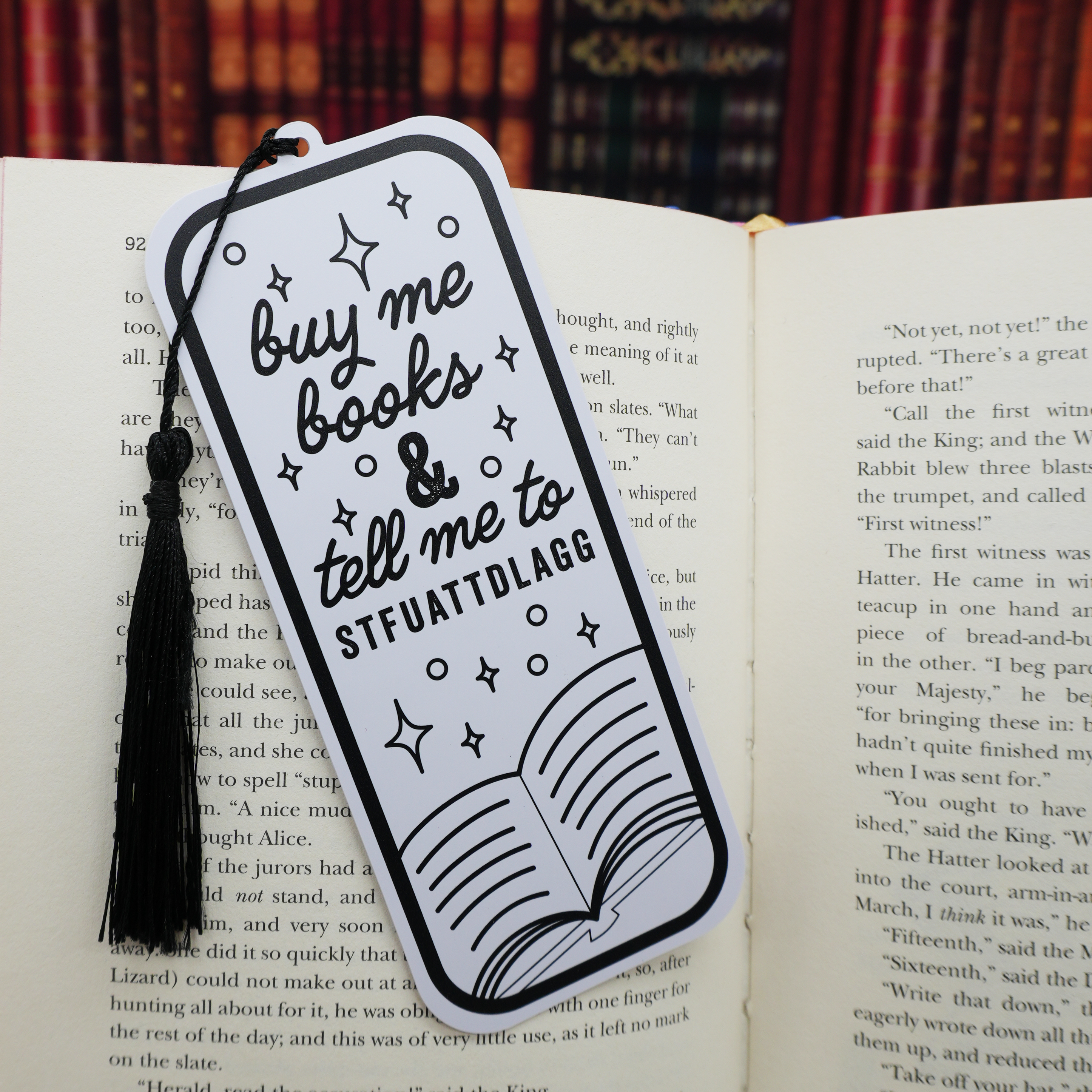 Bookmark with funny text on an open book