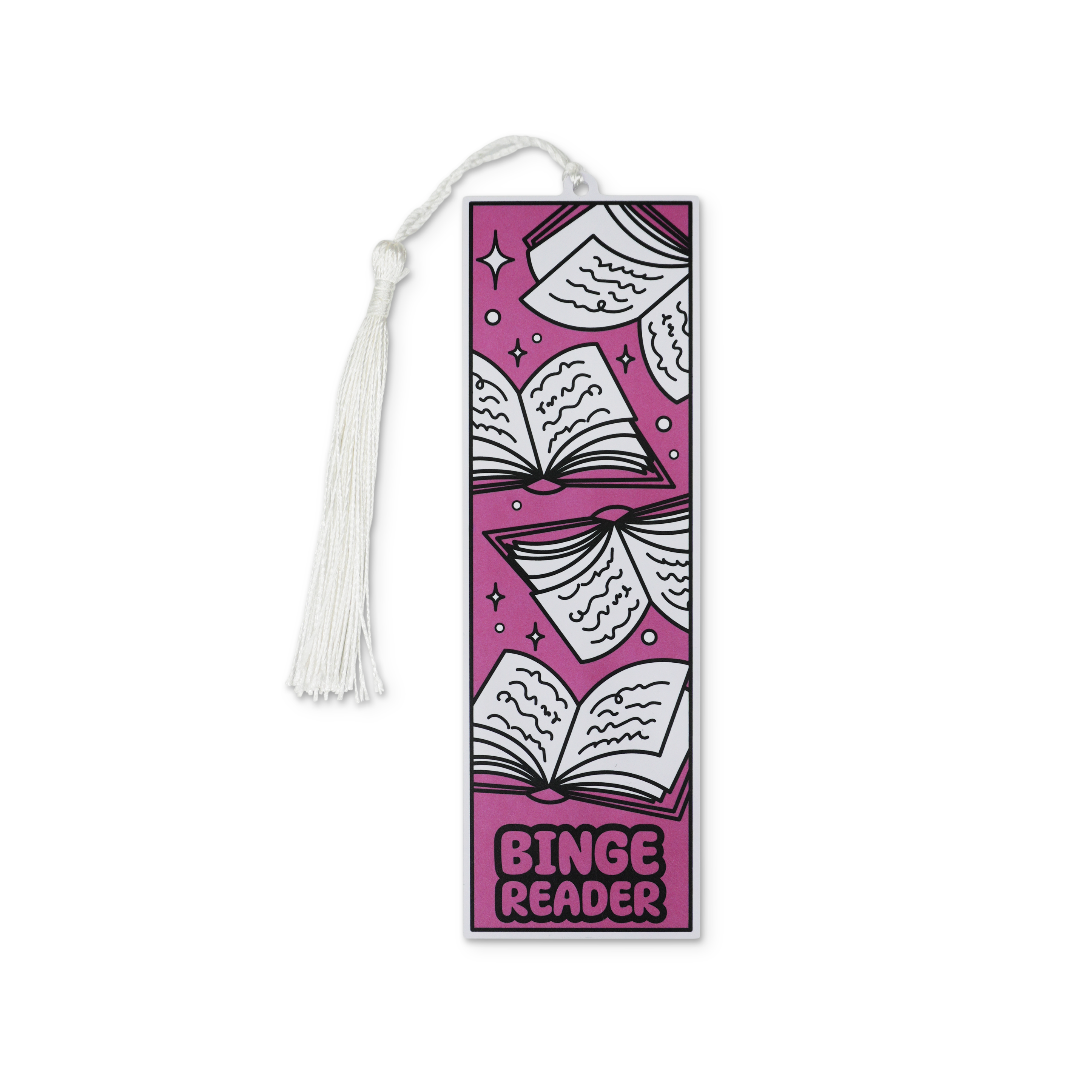 Bookmark with 'Binge Reader' text and book illustrations on a pink background