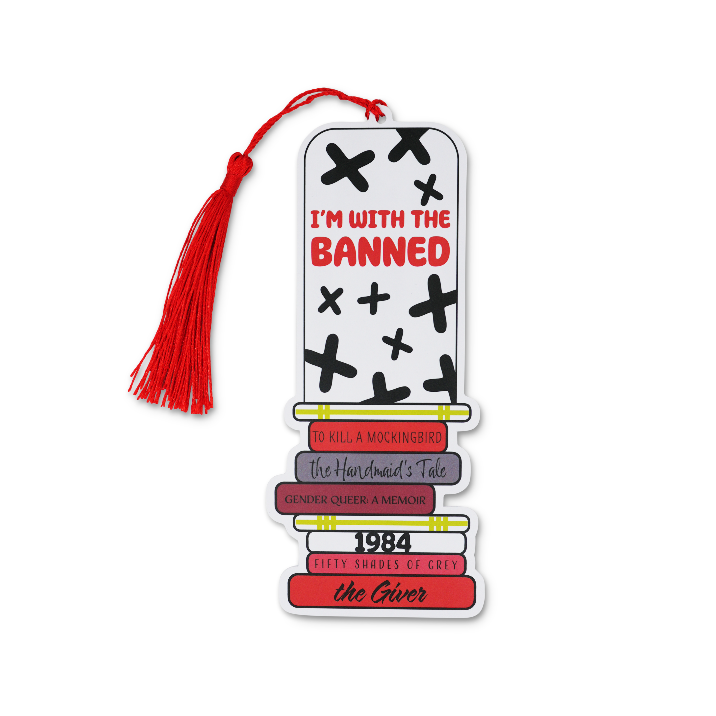 Bookmarks with stack of books and 'I'm with the Banned' text on a white background
