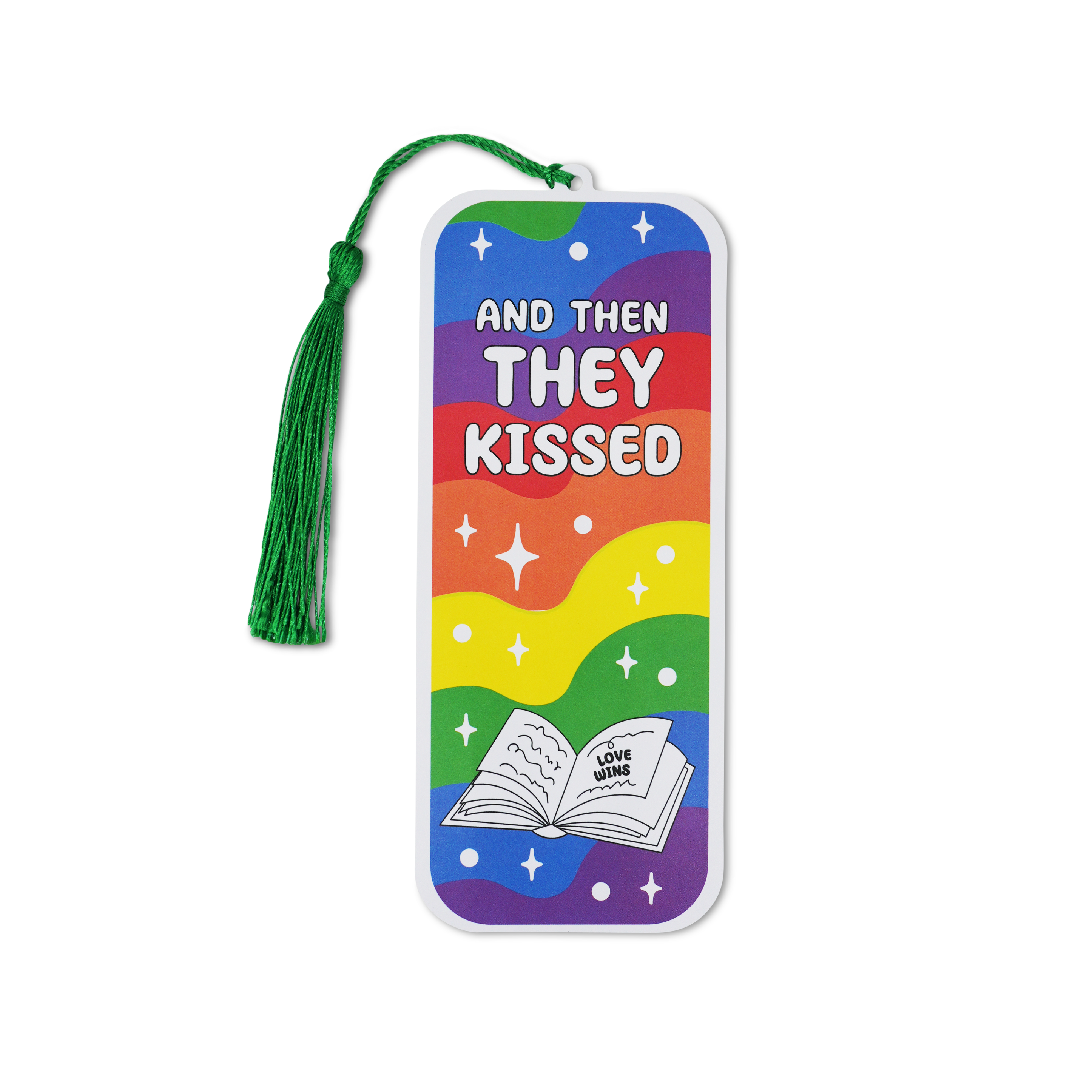 Colorful bookmark with rainbow design and text 'And then THEY KISSED' on a white background