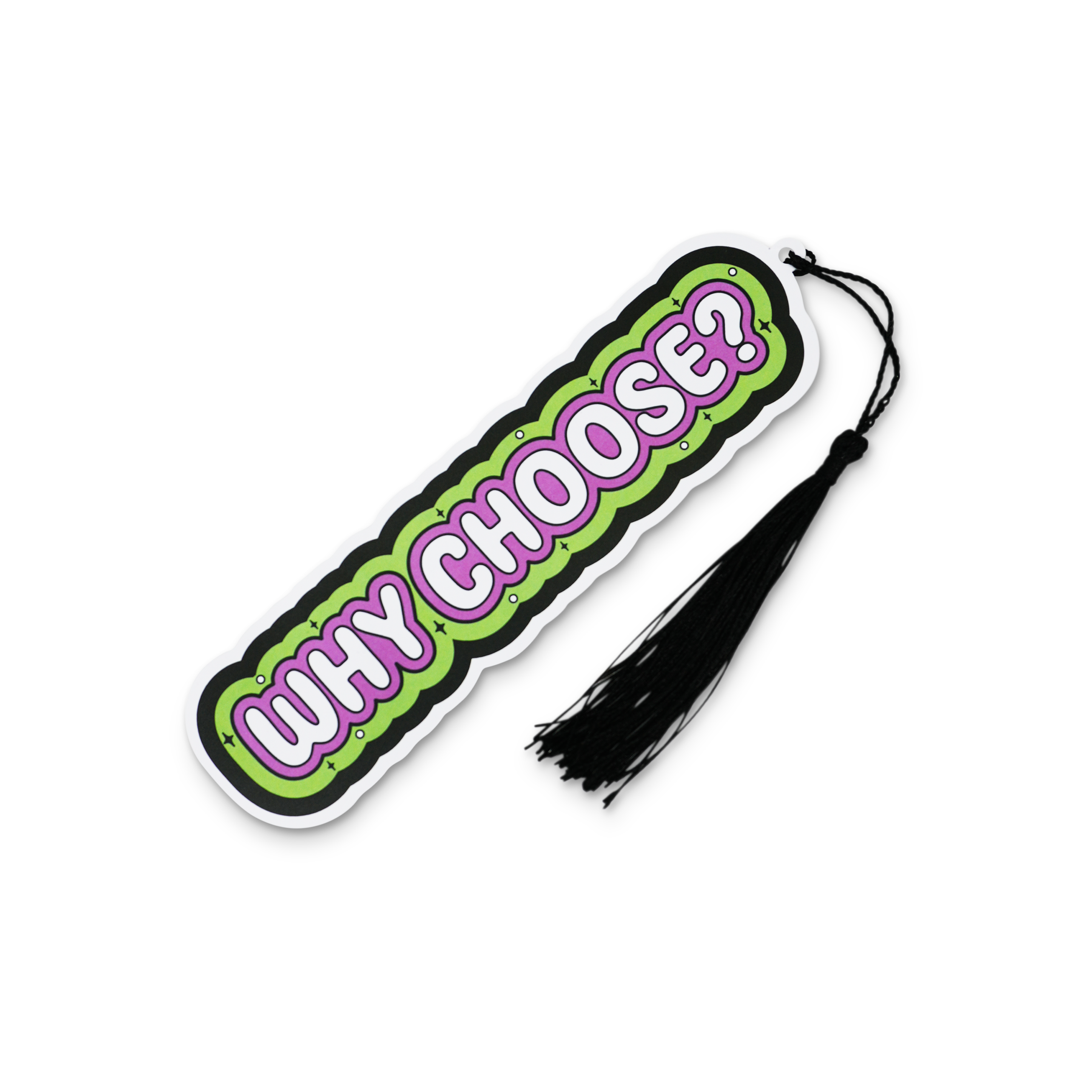 Bookmark with 'WHY CHOOSE?' text on a white background