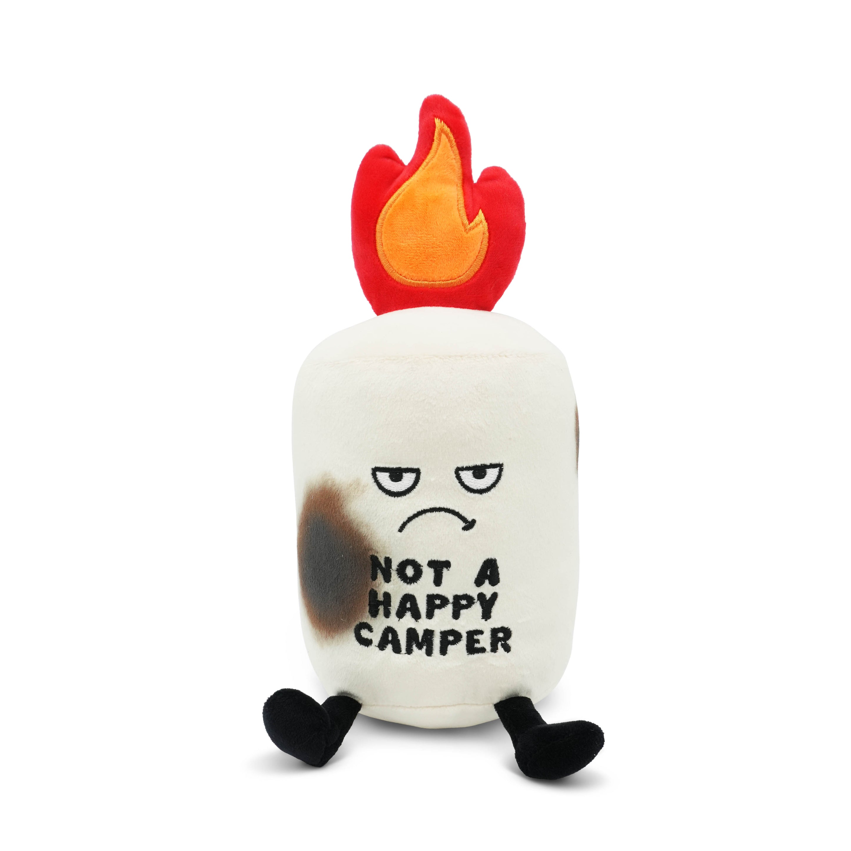 Plush toy with flame on top and 'Not a Happy Camper' text on a white background