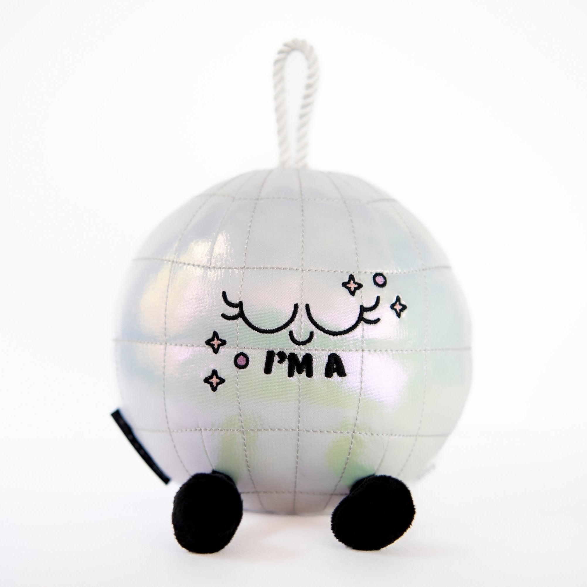A plush resembling a disco ball with a silver body, black legs, and a face expressing surprise or excitement with the text 'I'M A' on it.