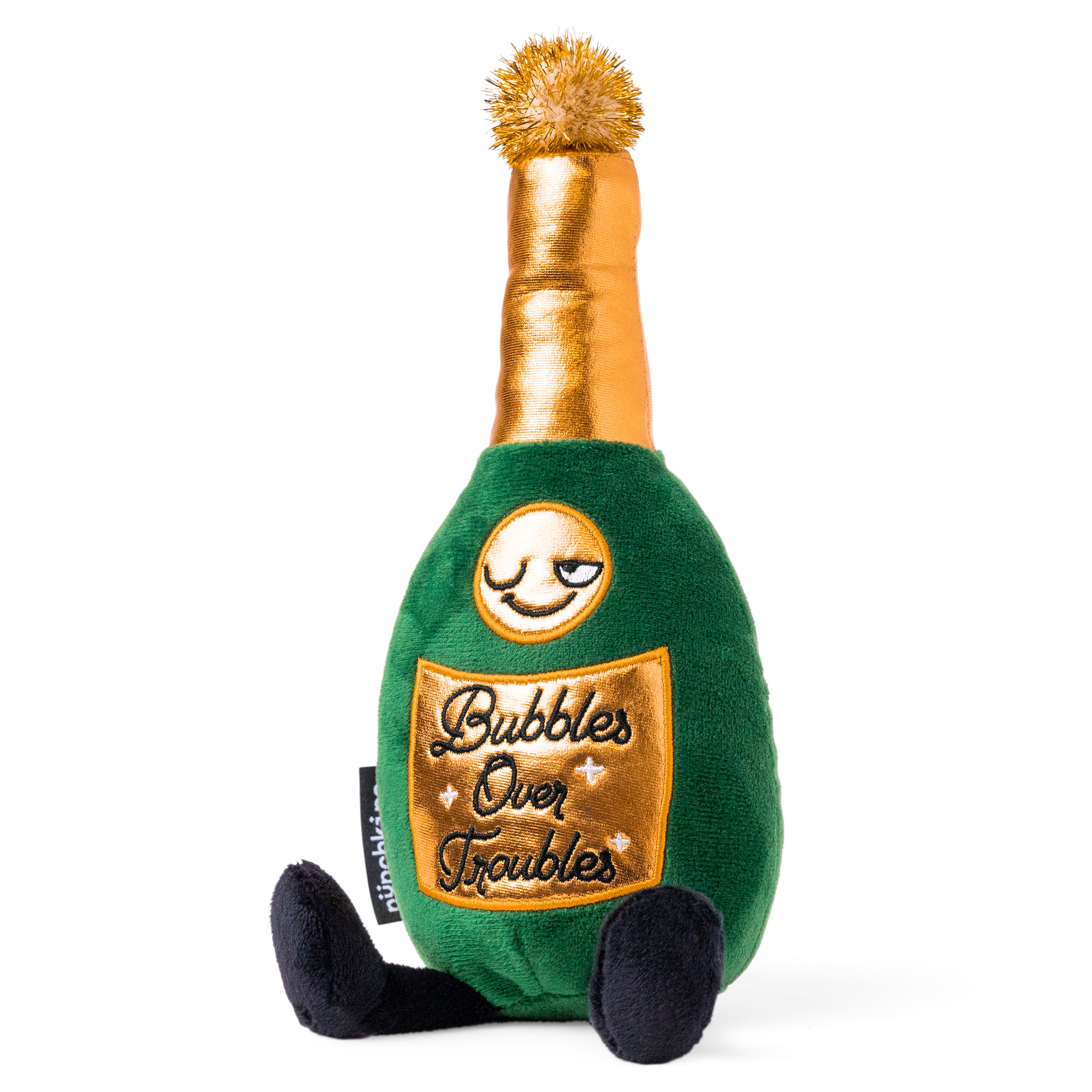 A champagne bottle plush with the text 'Bubbles Over Troubles' printed on it.