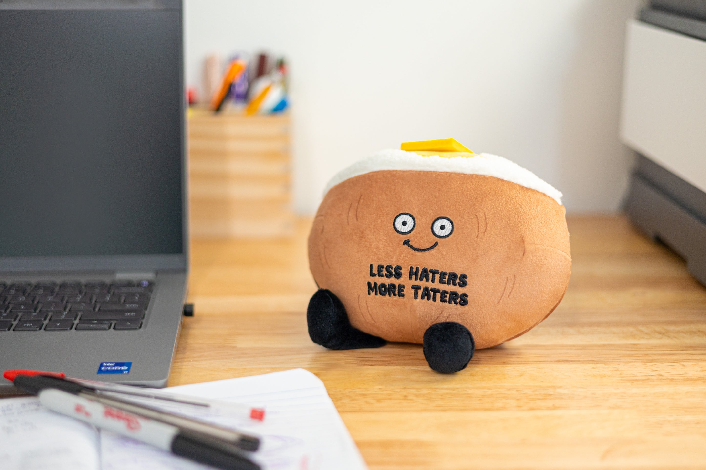 A plush resembling a baked potato with the text 'LESS HATERS MORE TATERS' written on it placed on a desk.