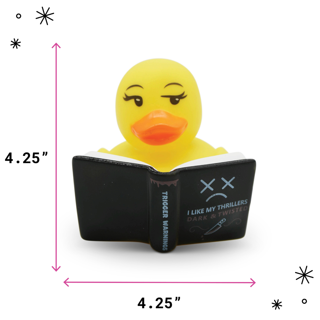 Yellow rubber duck reading a book with dimensions indicated