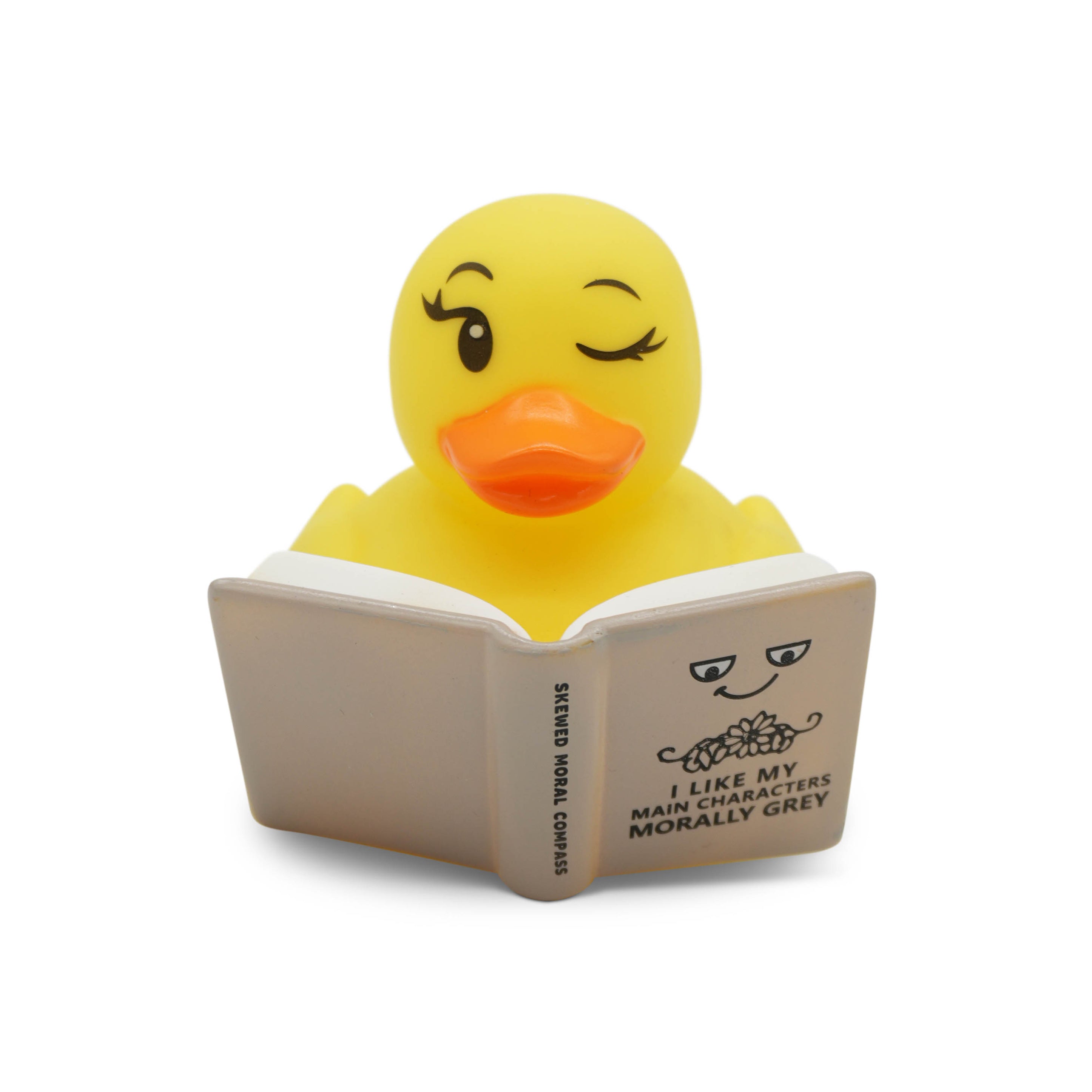 Yellow rubber duck reading a book with text on a white background