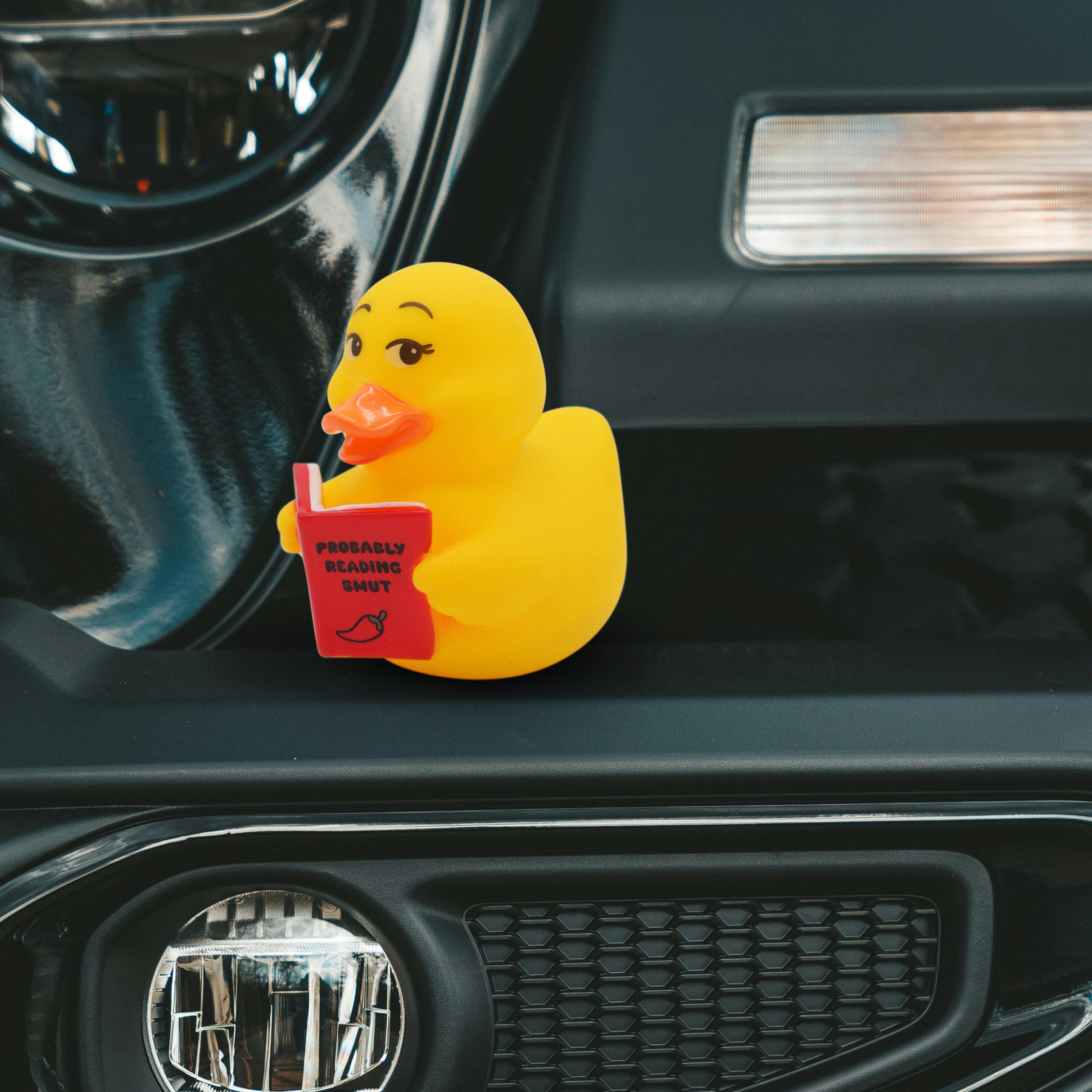 Yellow rubber duck holding a book inside a car.