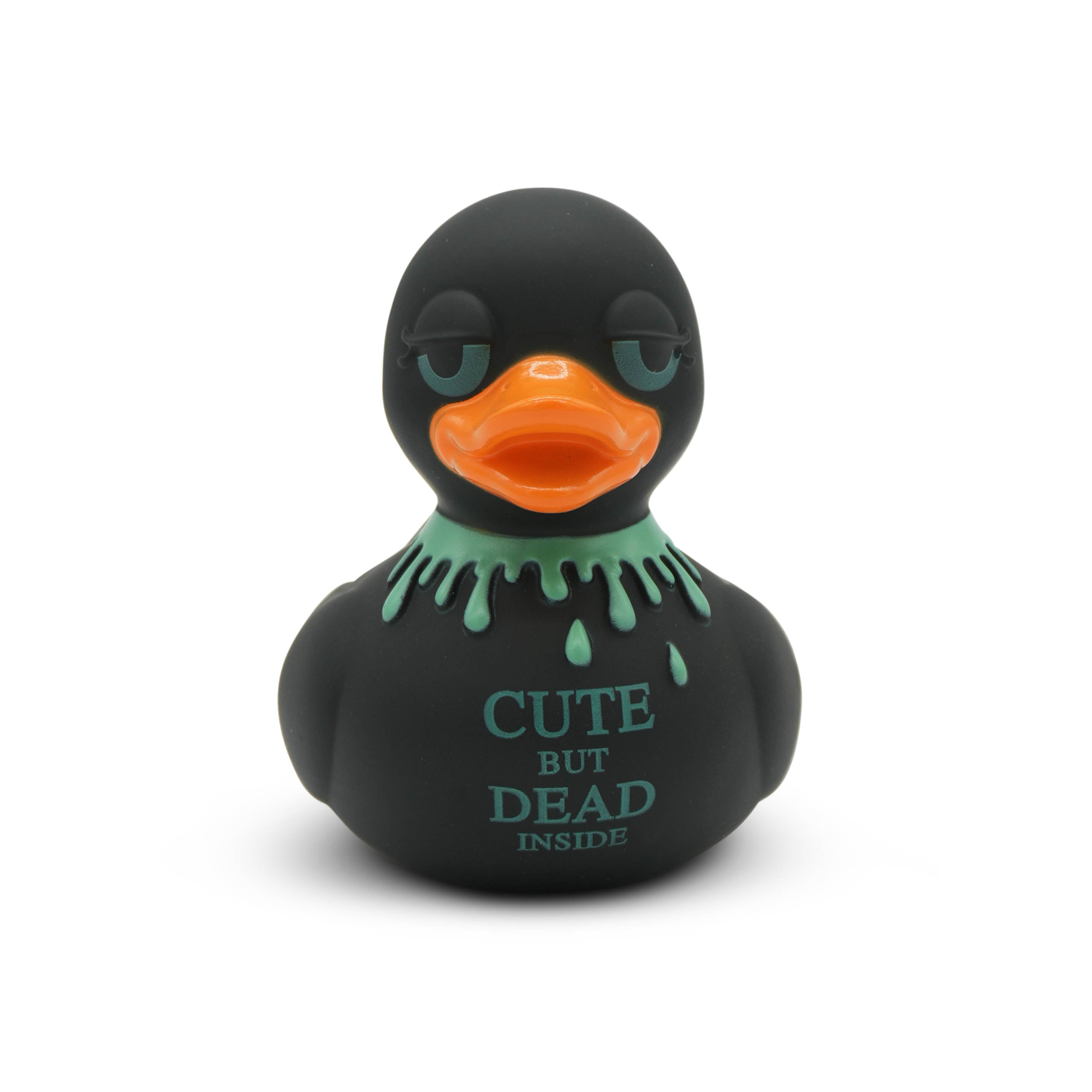 Black rubber duck "cute but dead inside" text on a white background