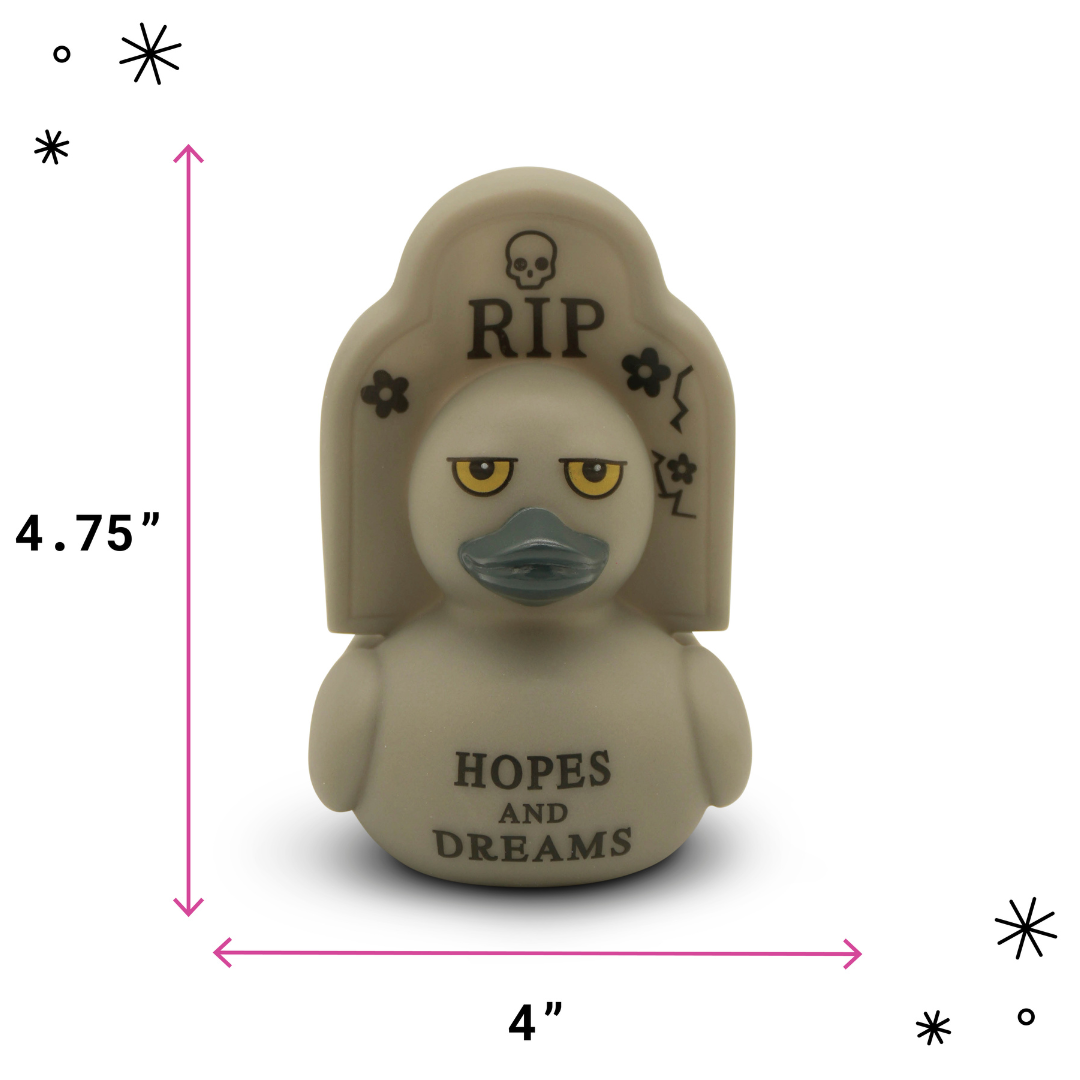 Rubber duck with 'RIP' and 'Hopes and Dreams' text, shown with measurements on a white background.