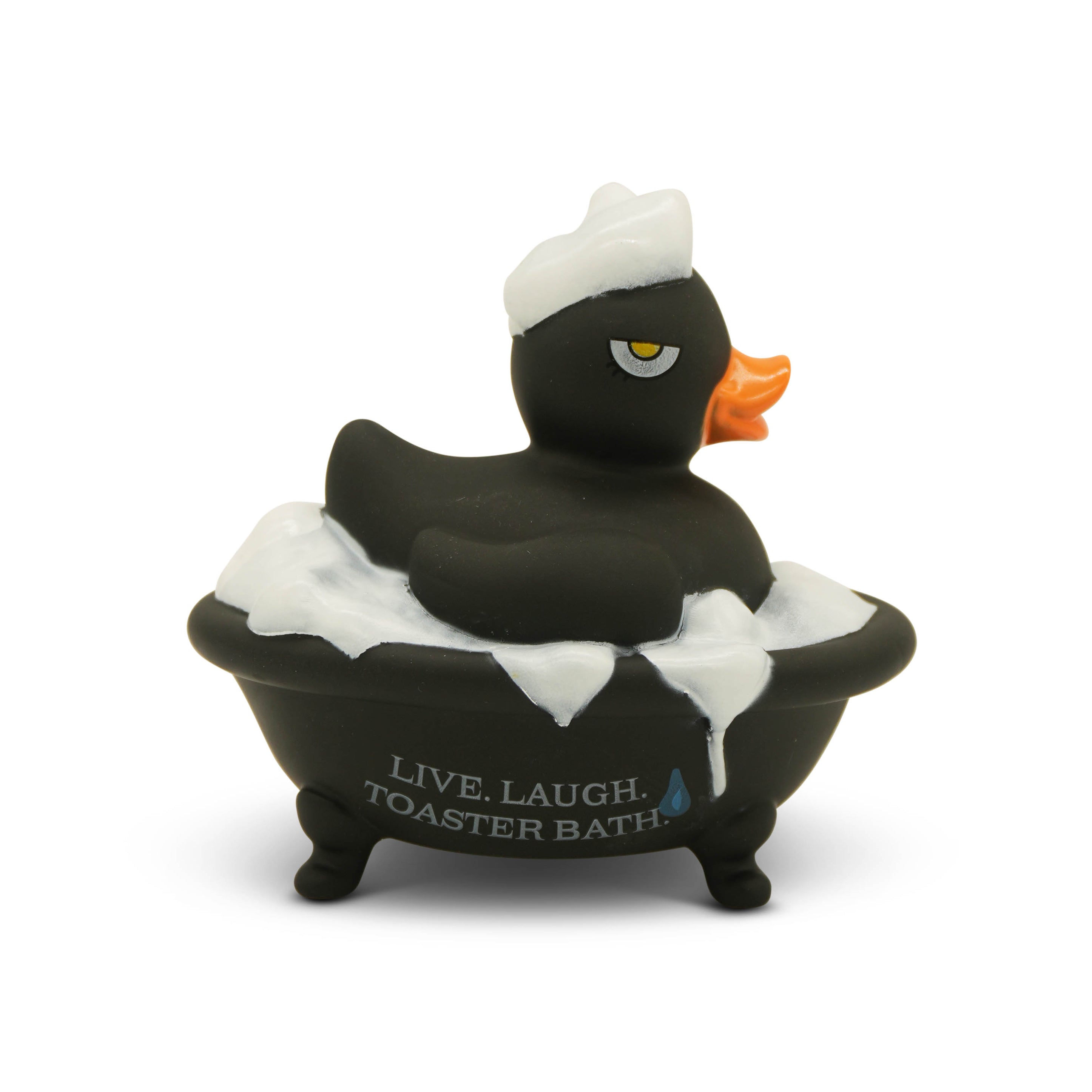 Black rubber duck in a bubble bath in a tub that reads "Live. Laugh. Toaster Bath" on a white background.