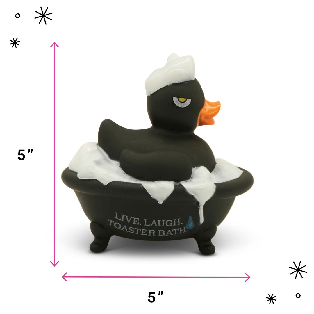 Black rubber duck in a bathtub with dimensions indicated on a white background
