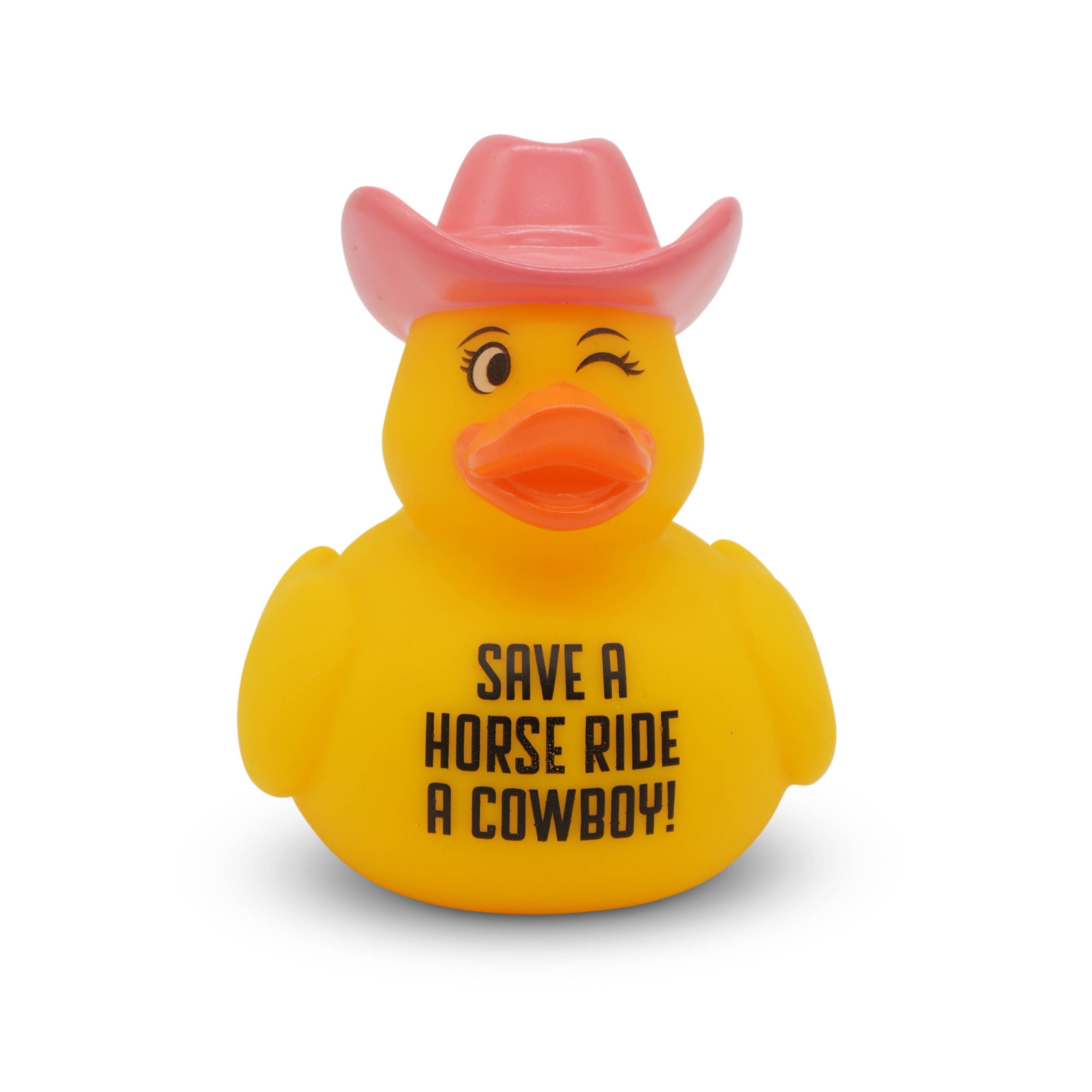 Yellow rubber duck with pink cowboy hat and text 'Save a horse ride a cowboy!' on a white background