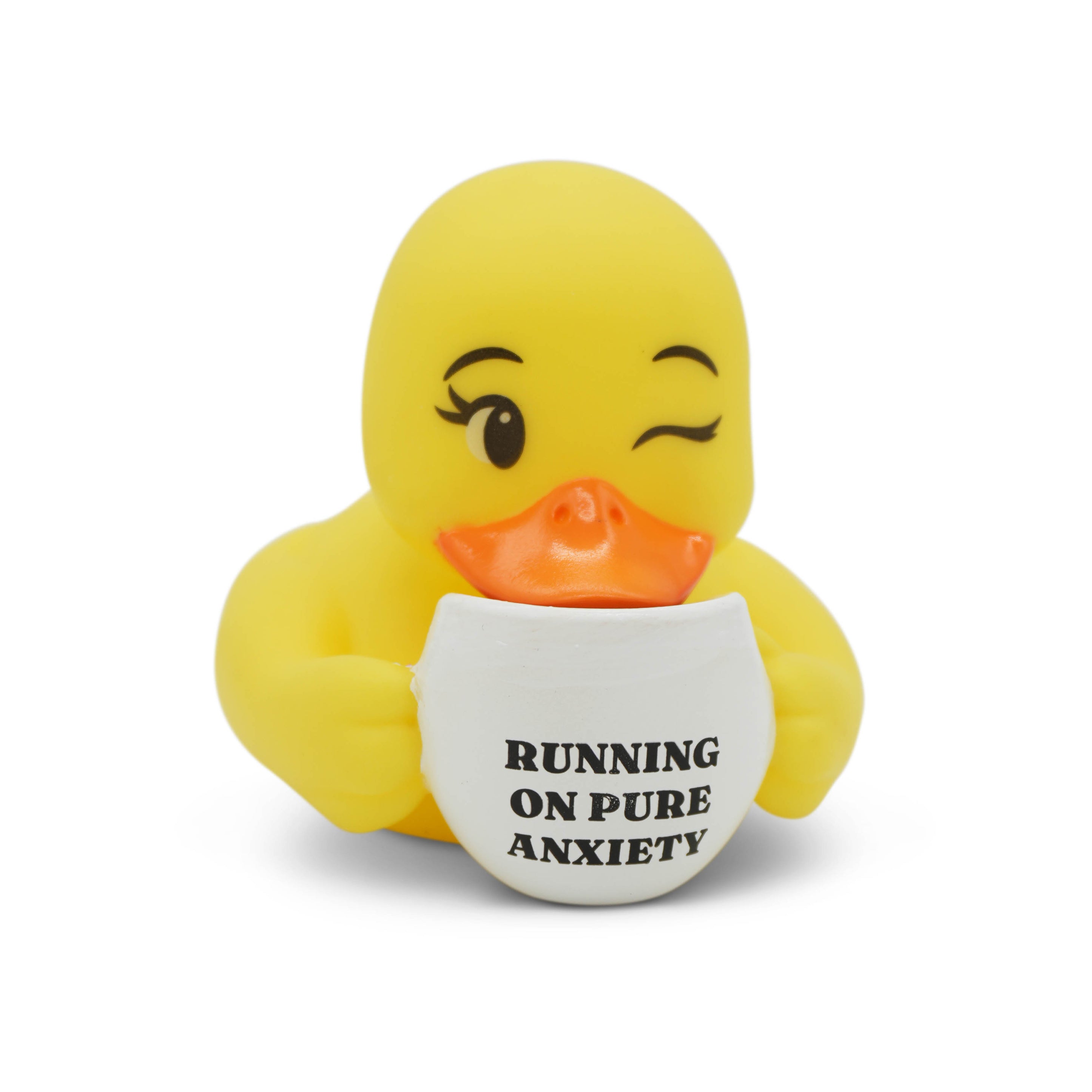 Yellow rubber duck holding a cup that reads 'Running on Pure Anxiety' text on a white background