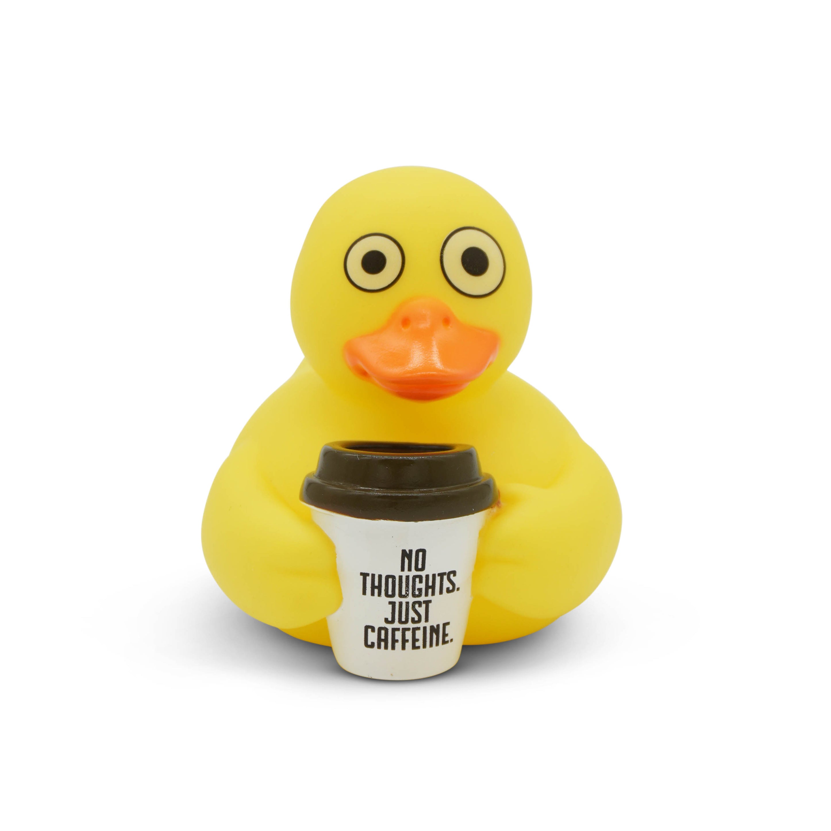 Yellow rubber duck holding a coffee cup that reads "no thoughts, just caffeine" on a white background
