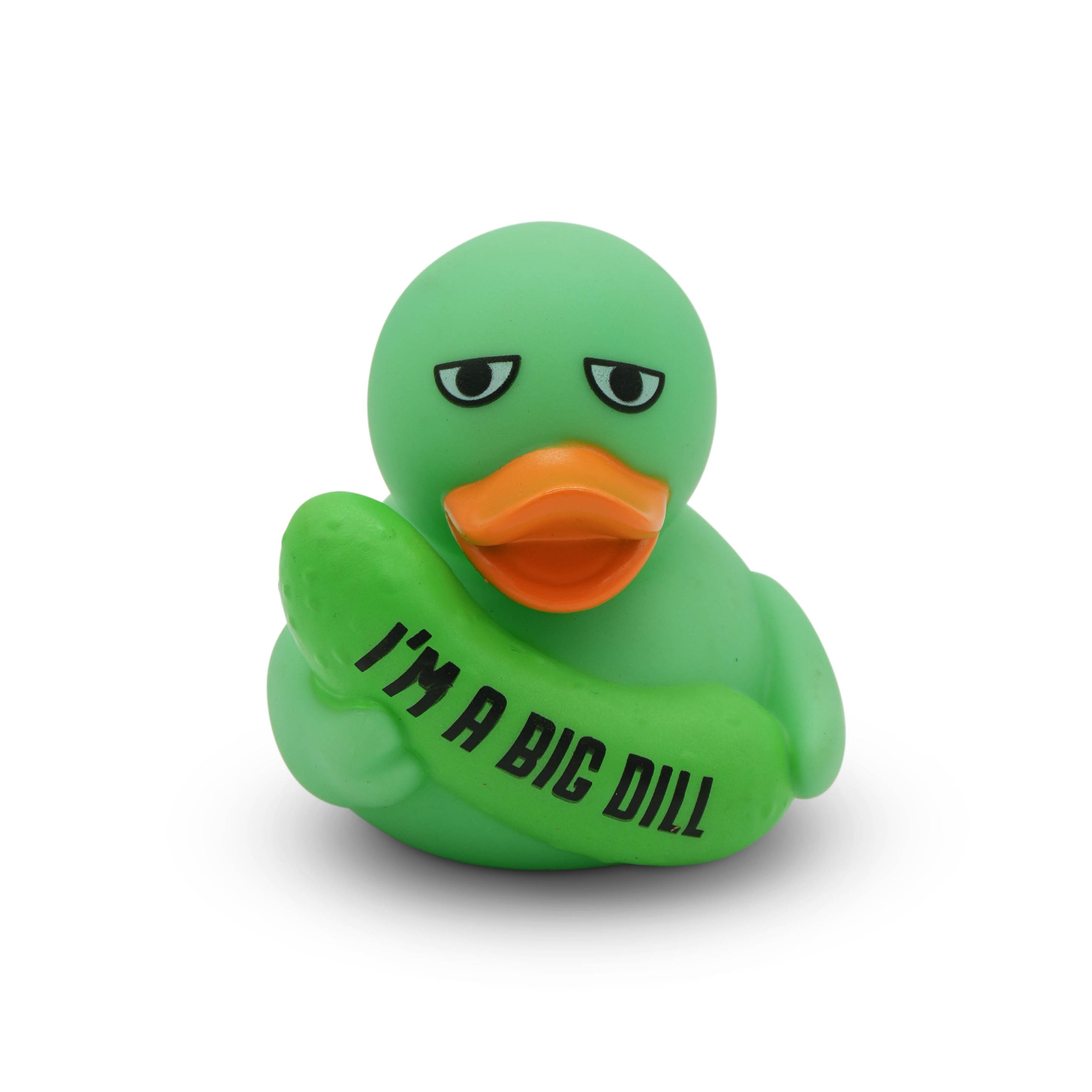 Green rubber duck holding a pickle with the text "I'm a big dill" on it on a white background