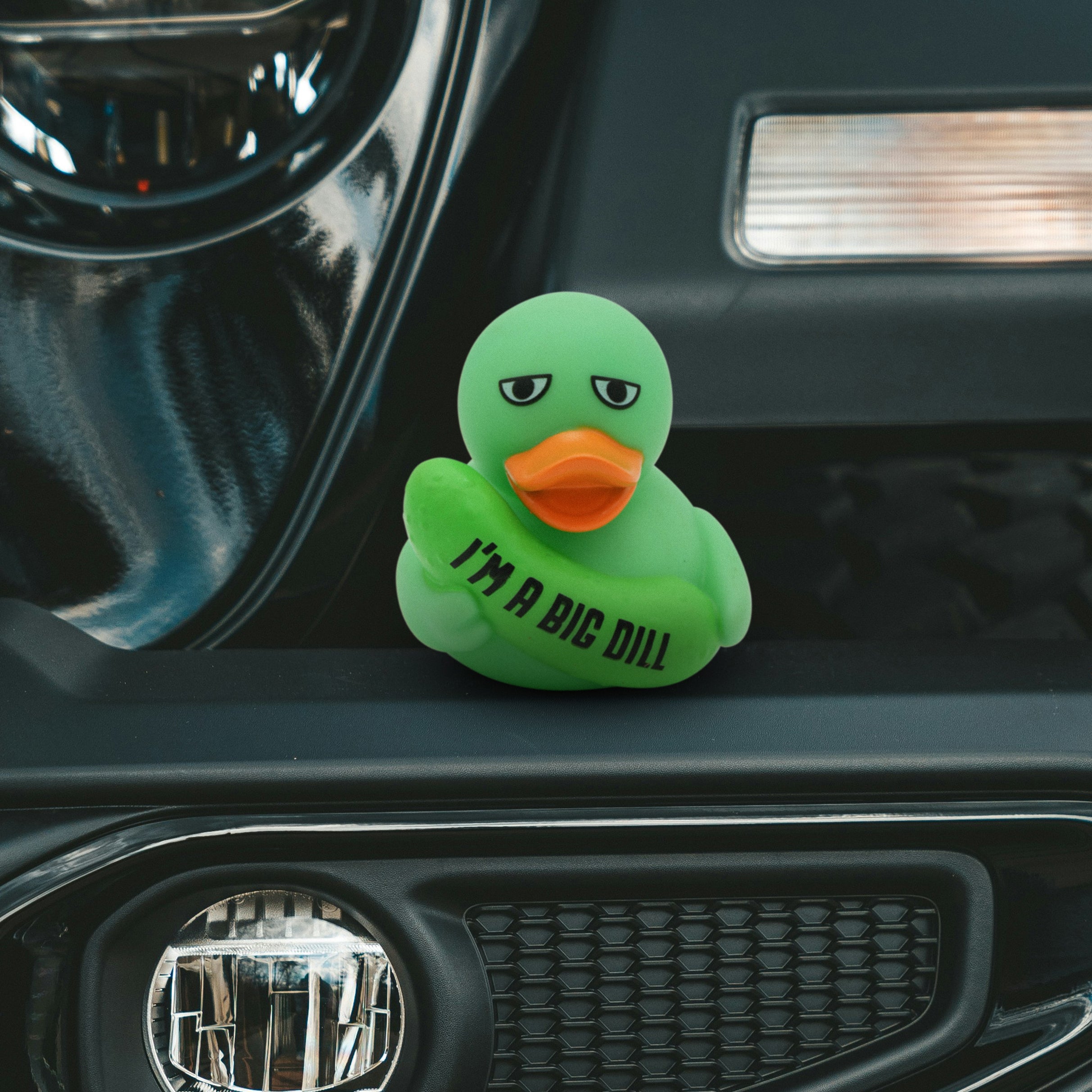 Green rubber duck holding a pickle with 'I'm a Big Dill' text on a car dashboard