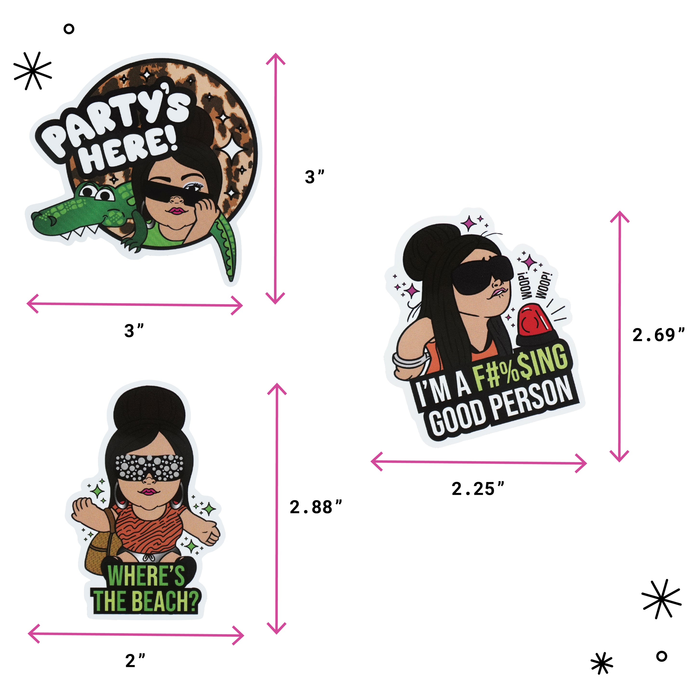 Three cartoon-style Snooki stickera shown with pink dimension arrows and labels on a white background.