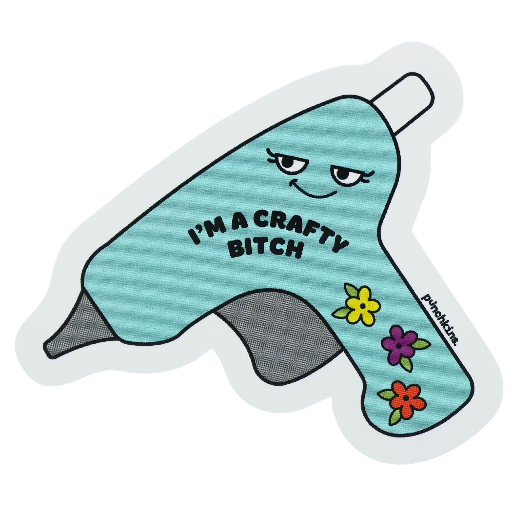 A die-cut sticker shaped like a hot glue gun featuring the text 'I'M A CRAFTY BITCH' on a plain white background.