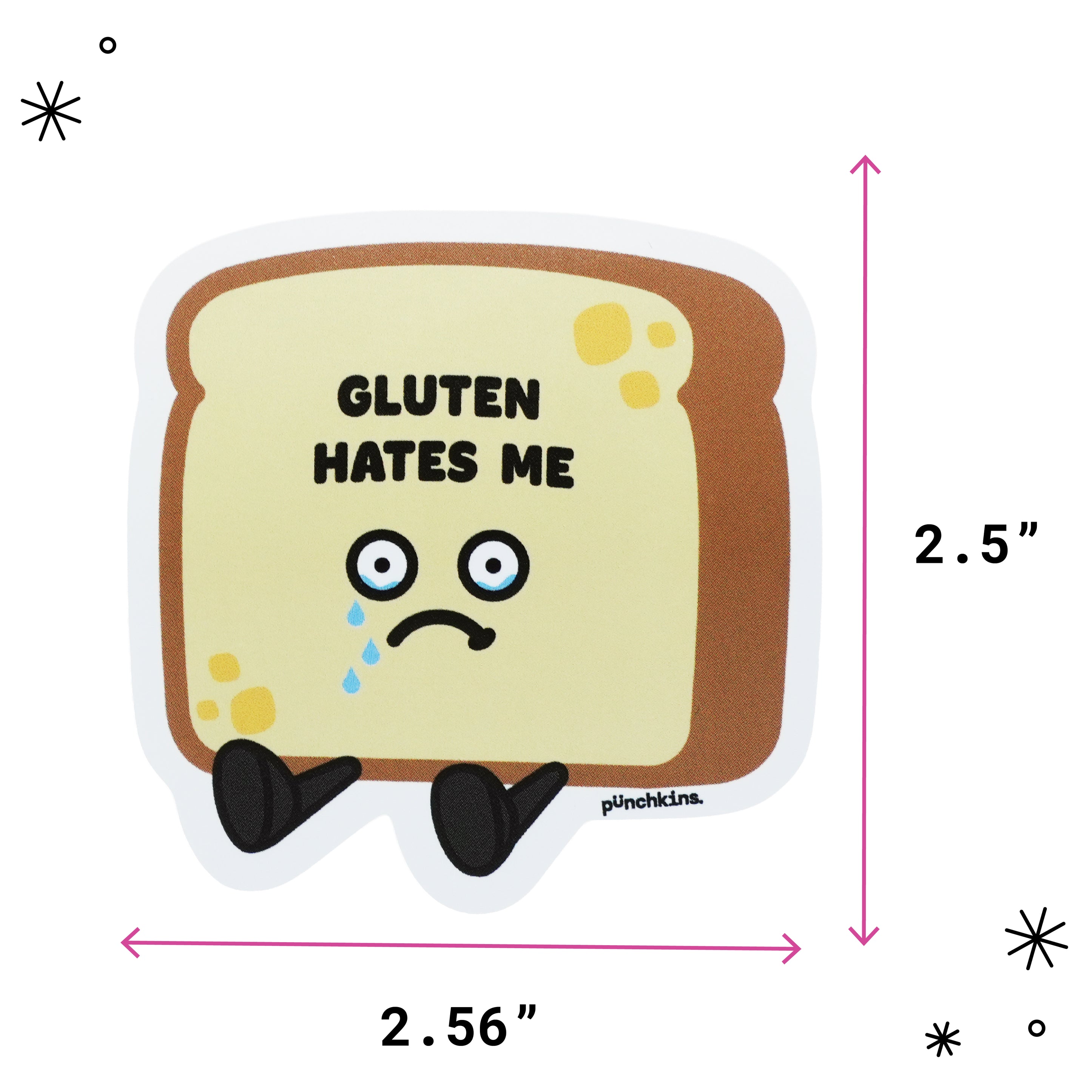 A cartoon slice of bread with a sad face and the text 'GLUTEN HATES ME' on a white background, with pink dimension arrows and labels showing 2.5 inches tall.