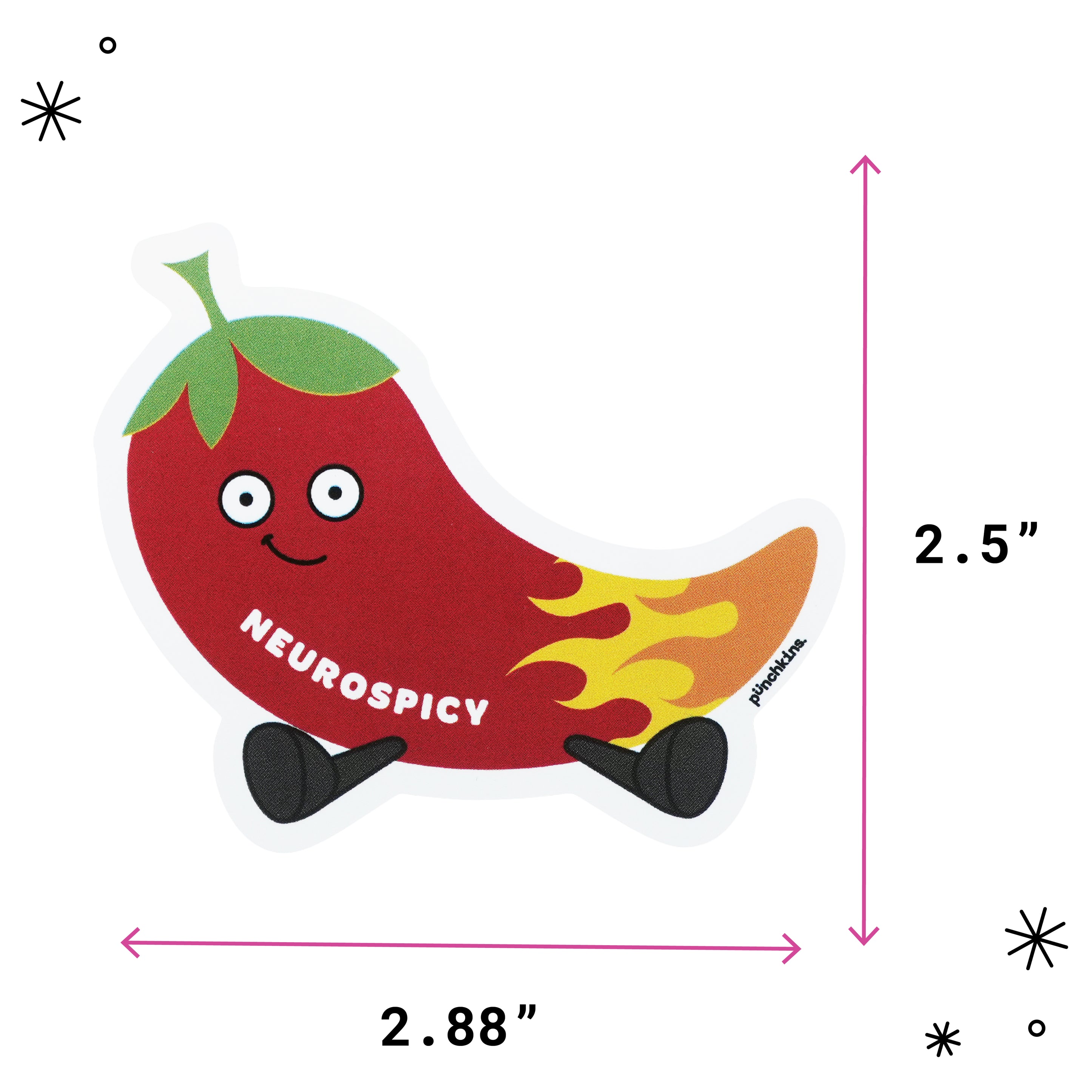 A cartoon chili pepper sticker on a white background with pink dimension arrows and text indicating 2.88 inches wide and 2.5 inches tall.
