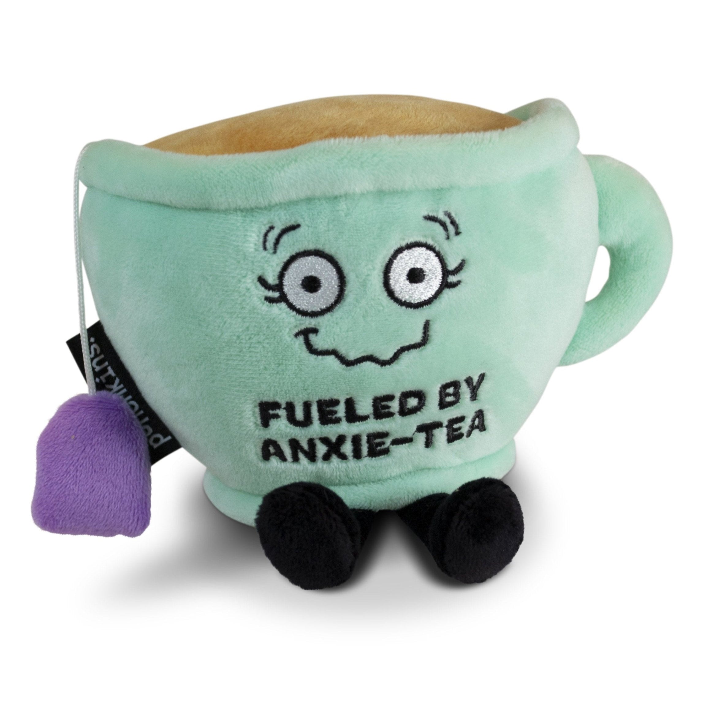 A plush designed to look like a teacup with a face and text that reads 'FUELED BY ANXIE-TEA'. It has a light blue color and a 3D tea bag detail.