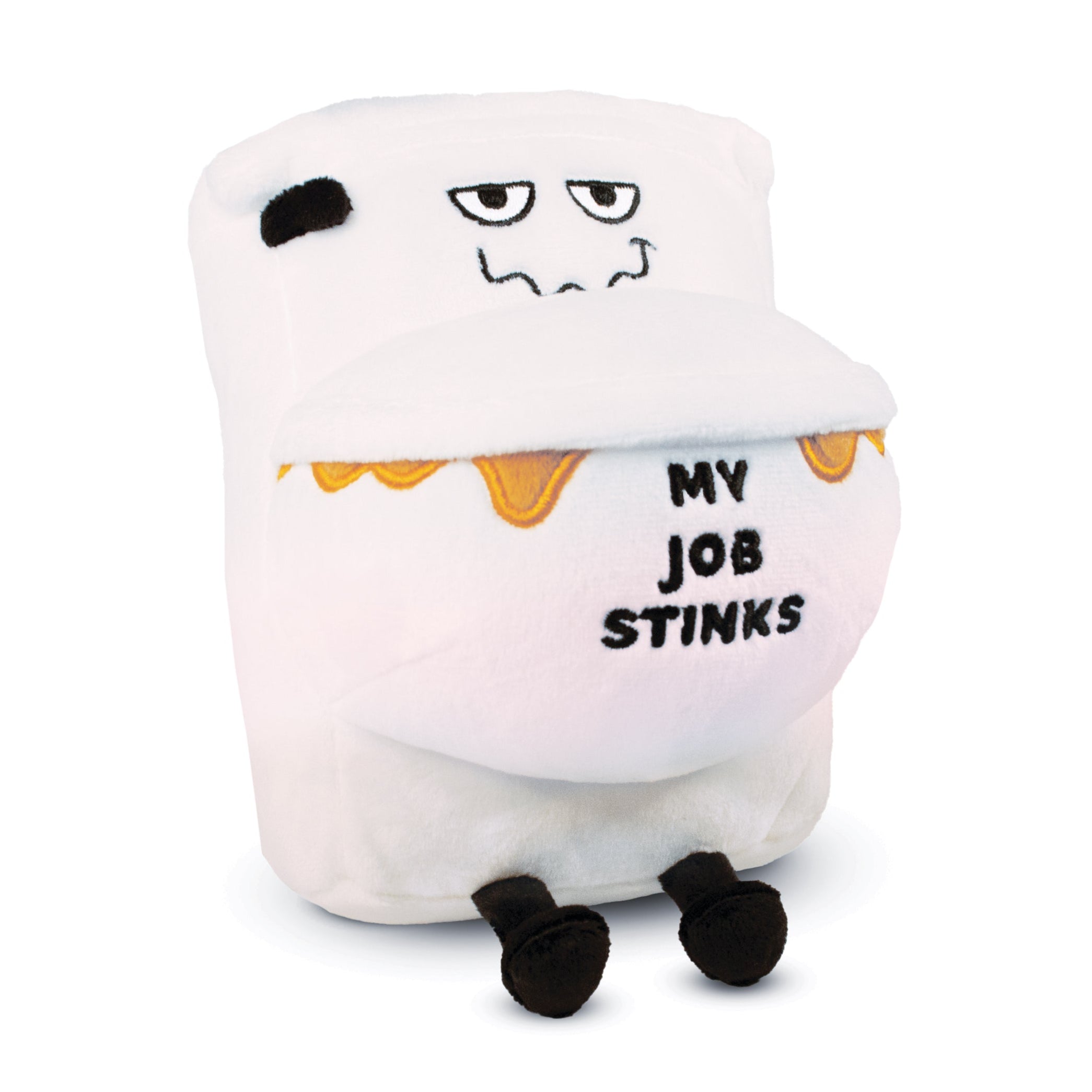 A plush designed to resemble a dirty toilet with the text 'My job stinks' written on it.